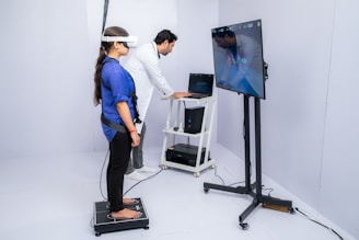 Woman uses vr headset for body scan with technician