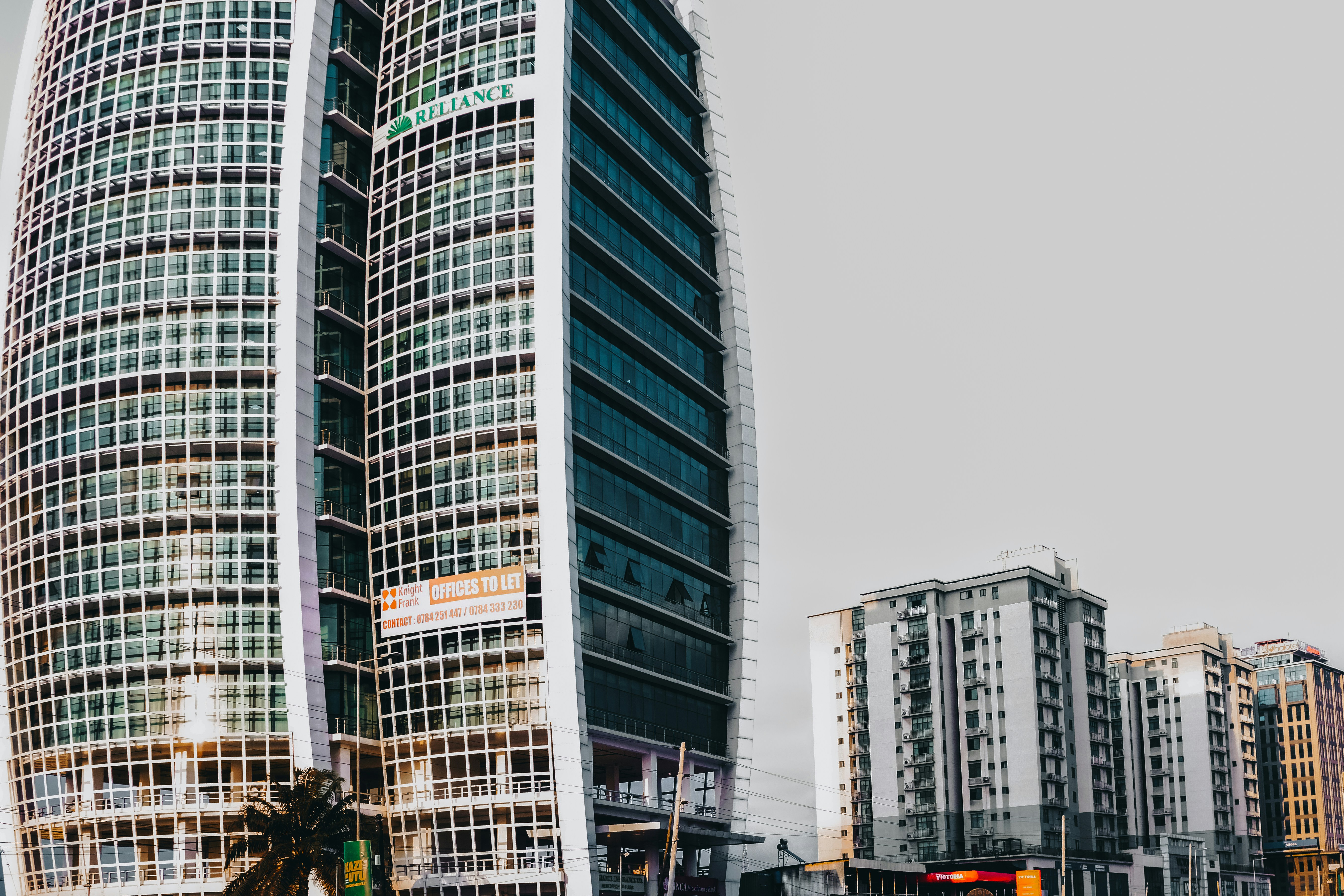 Modern glass skyscrapers in a city skyline
