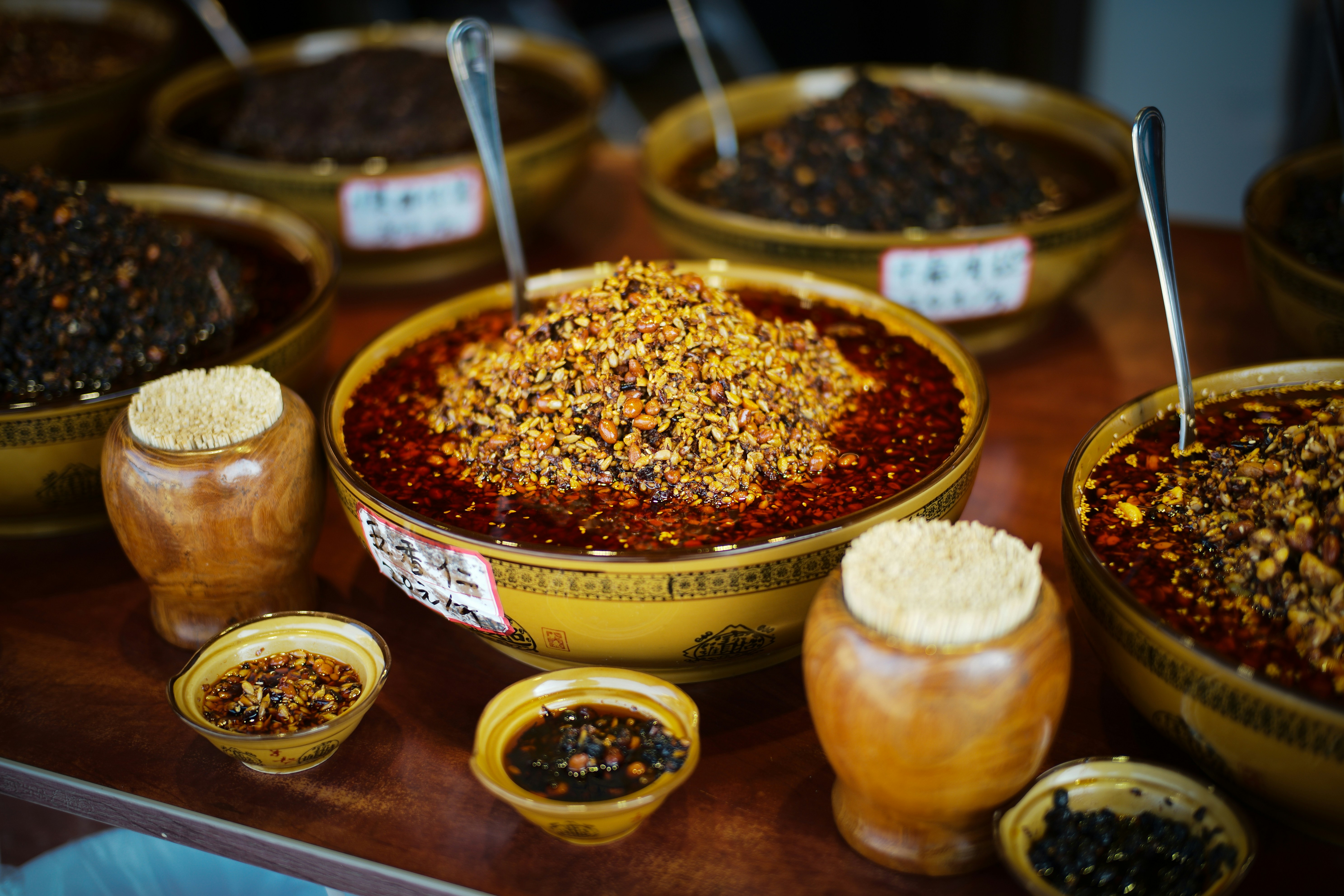 Bowls of spicy chili paste and seasonings