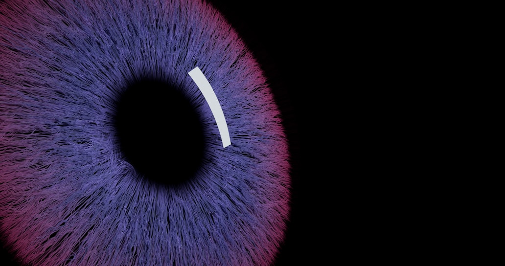 Close-up of a purple iris with a black pupil.