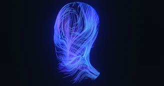Abstract blue and purple light streaks forming a head shape