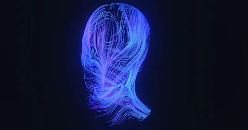 Abstract blue and purple light streaks forming a head shape