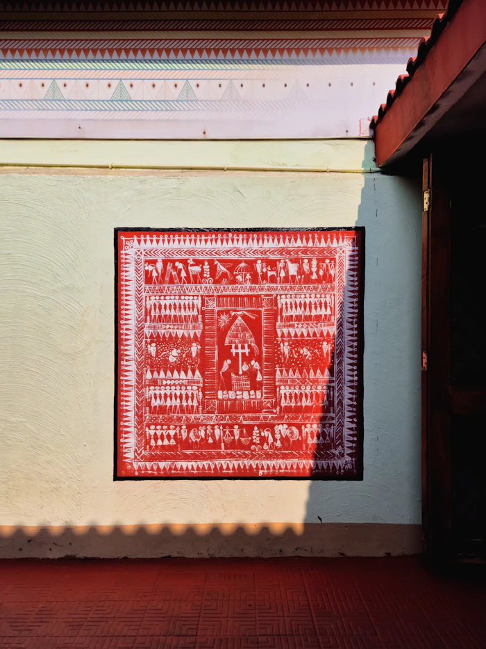 Tribal folk painting in warm earth colours