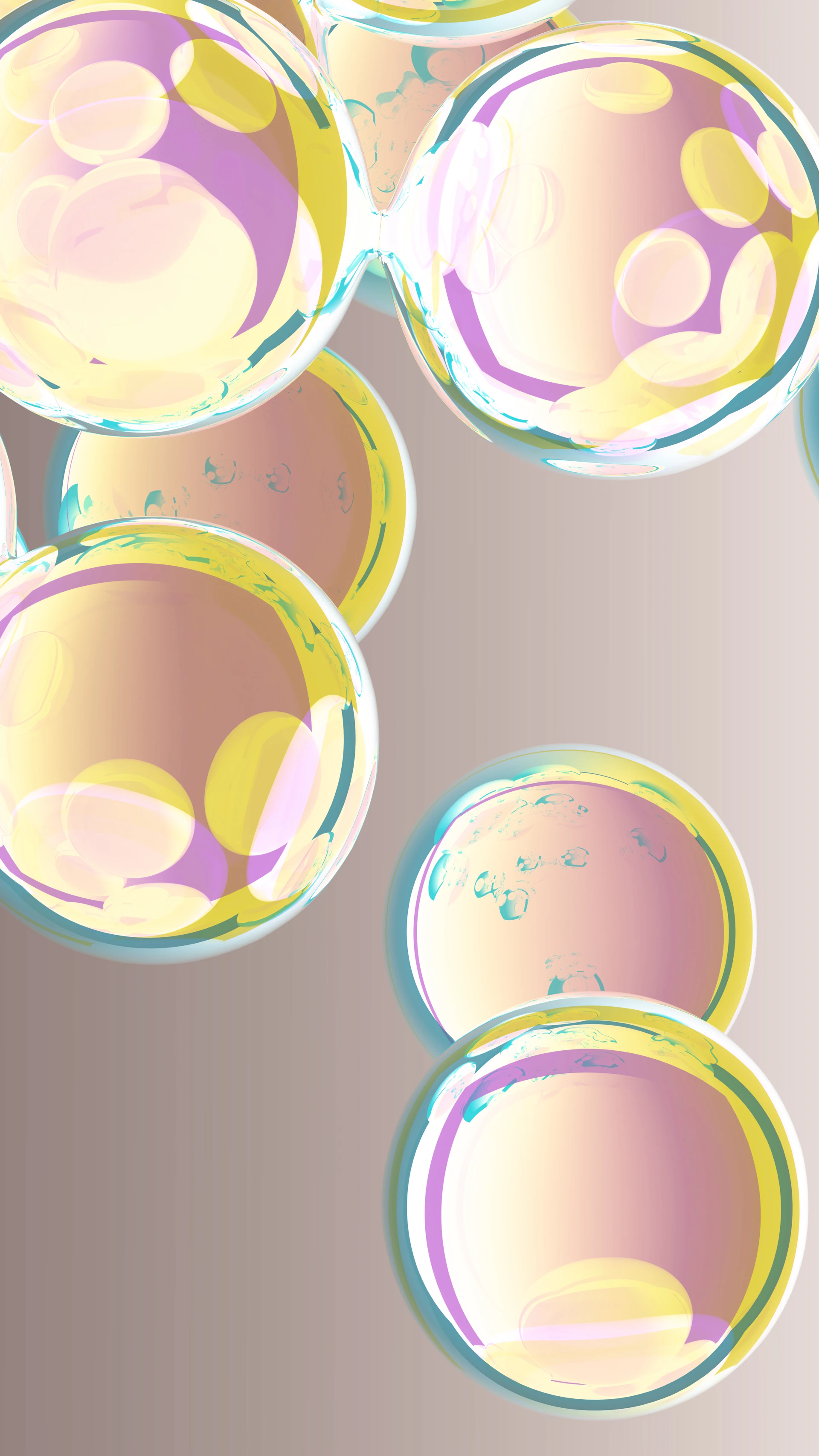 Iridescent spheres with colorful reflections float against a neutral background.