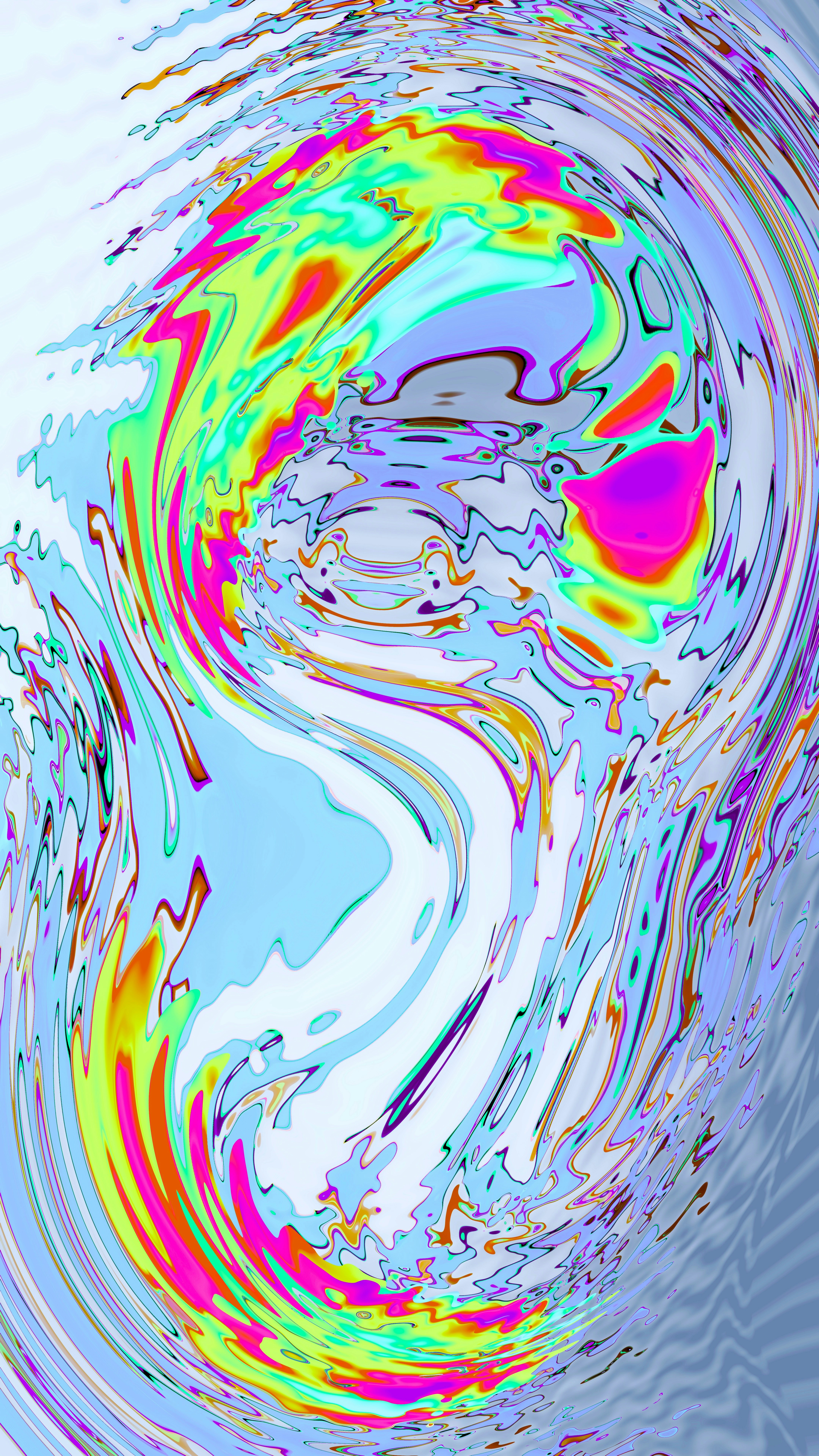 Abstract swirling pattern of bright colors and light blue.