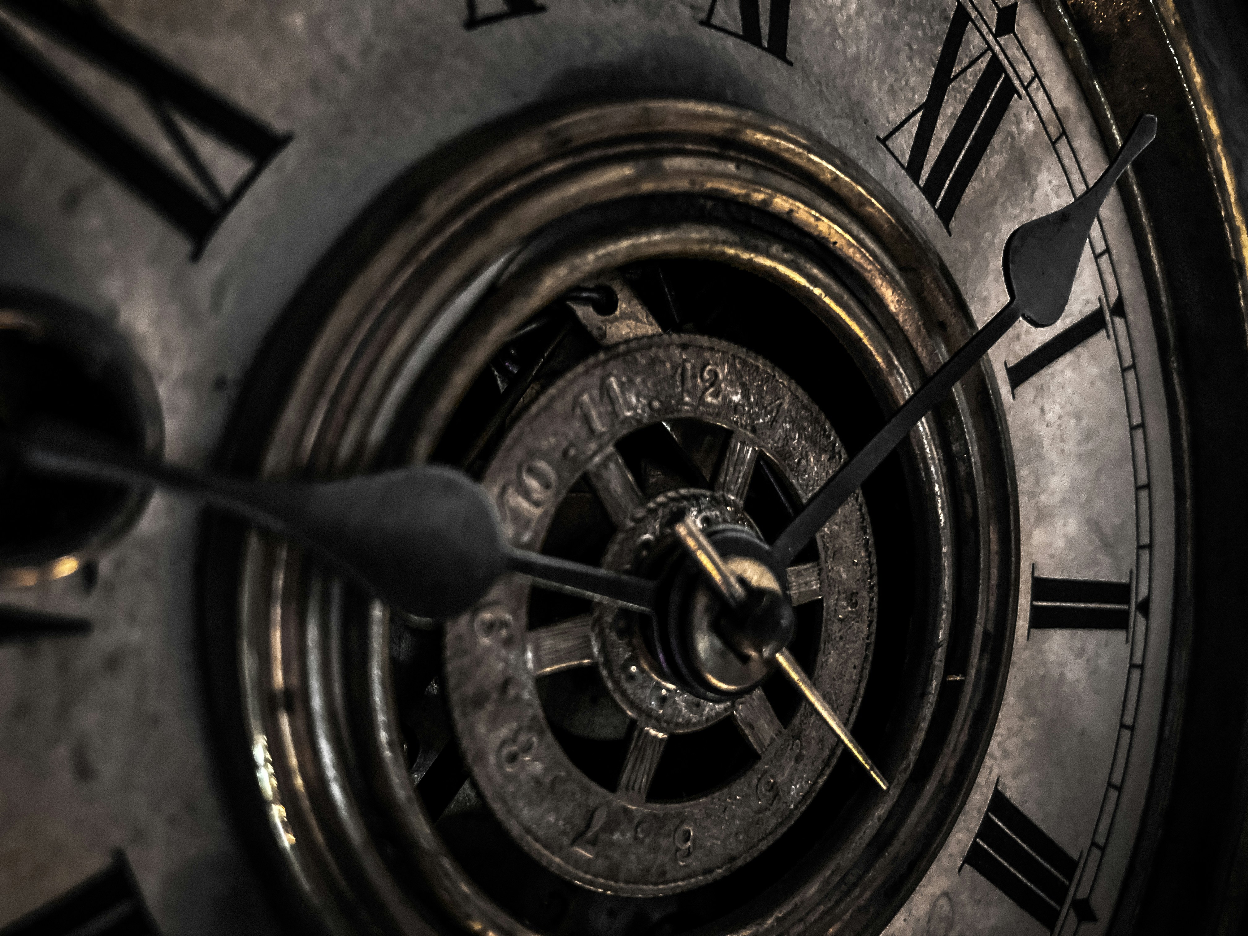 Close-up of an antique clock face with roman numerals.