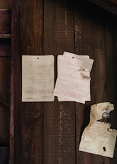 Old papers pinned to a weathered wooden wall.