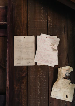 Old papers pinned to a weathered wooden wall.