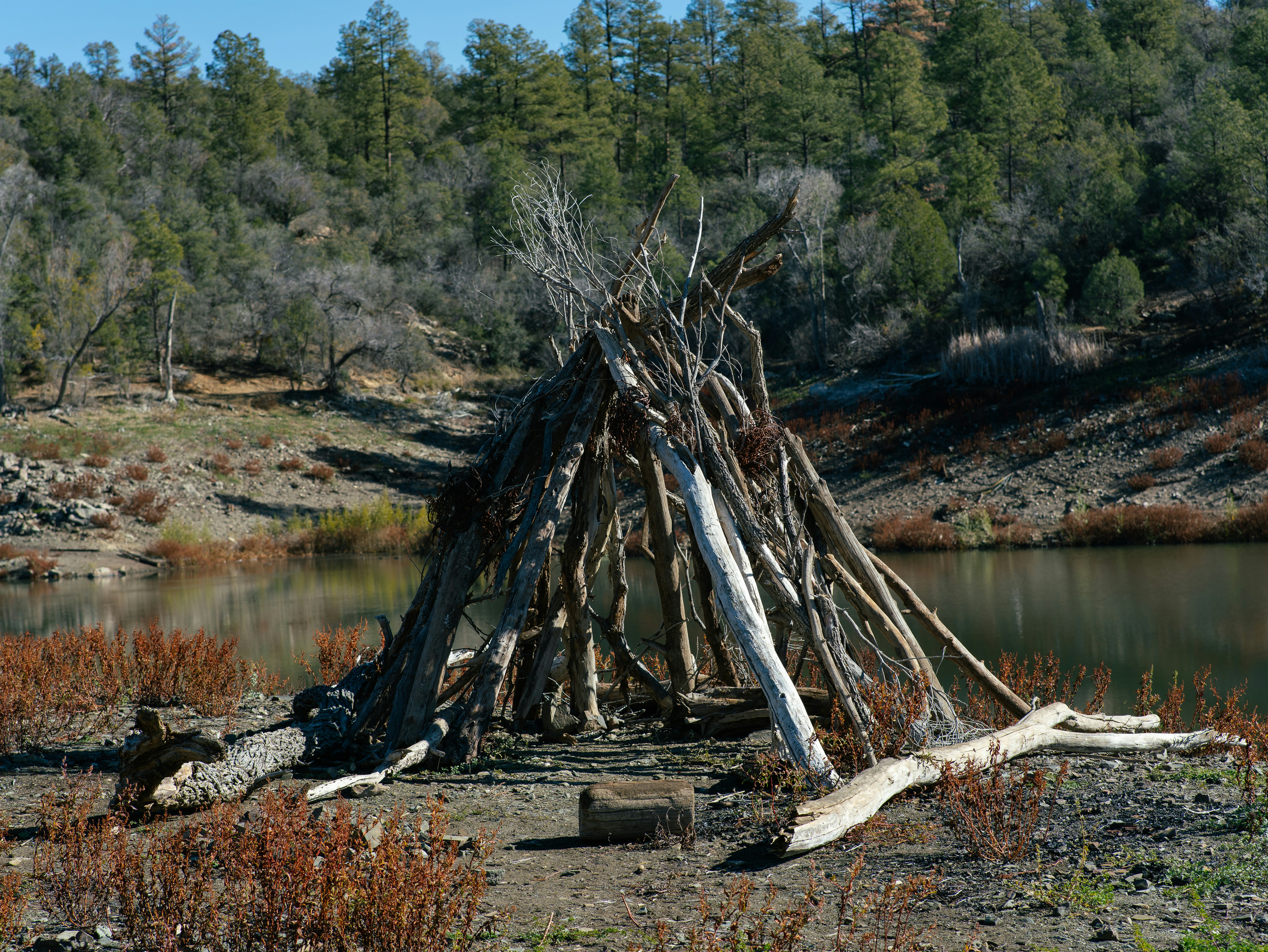 Rustic teepee structure made of branches near water