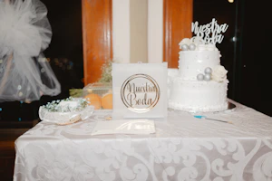 Wedding cake and decorations on a table