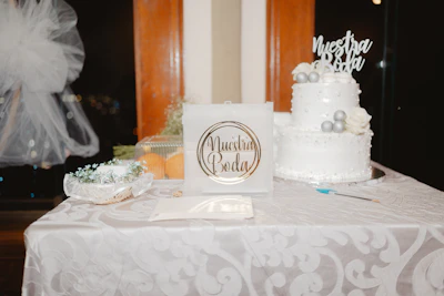Wedding cake and decorations on a table