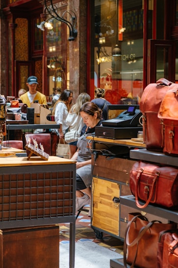 People shopping in a leather goods store