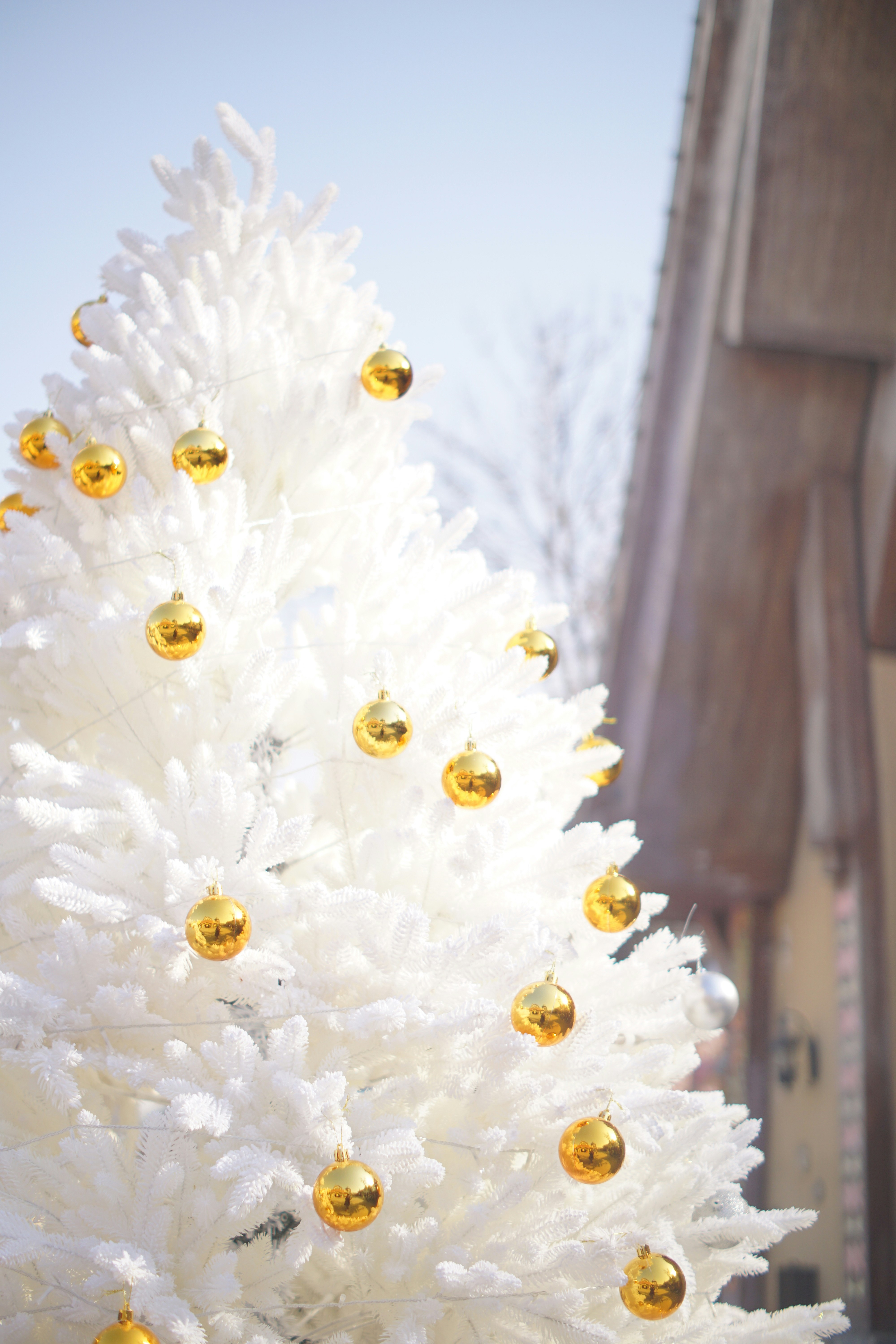 White christmas tree with golden ornaments outside