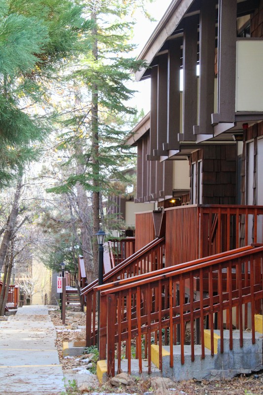 Wood cabins with red railings and trees