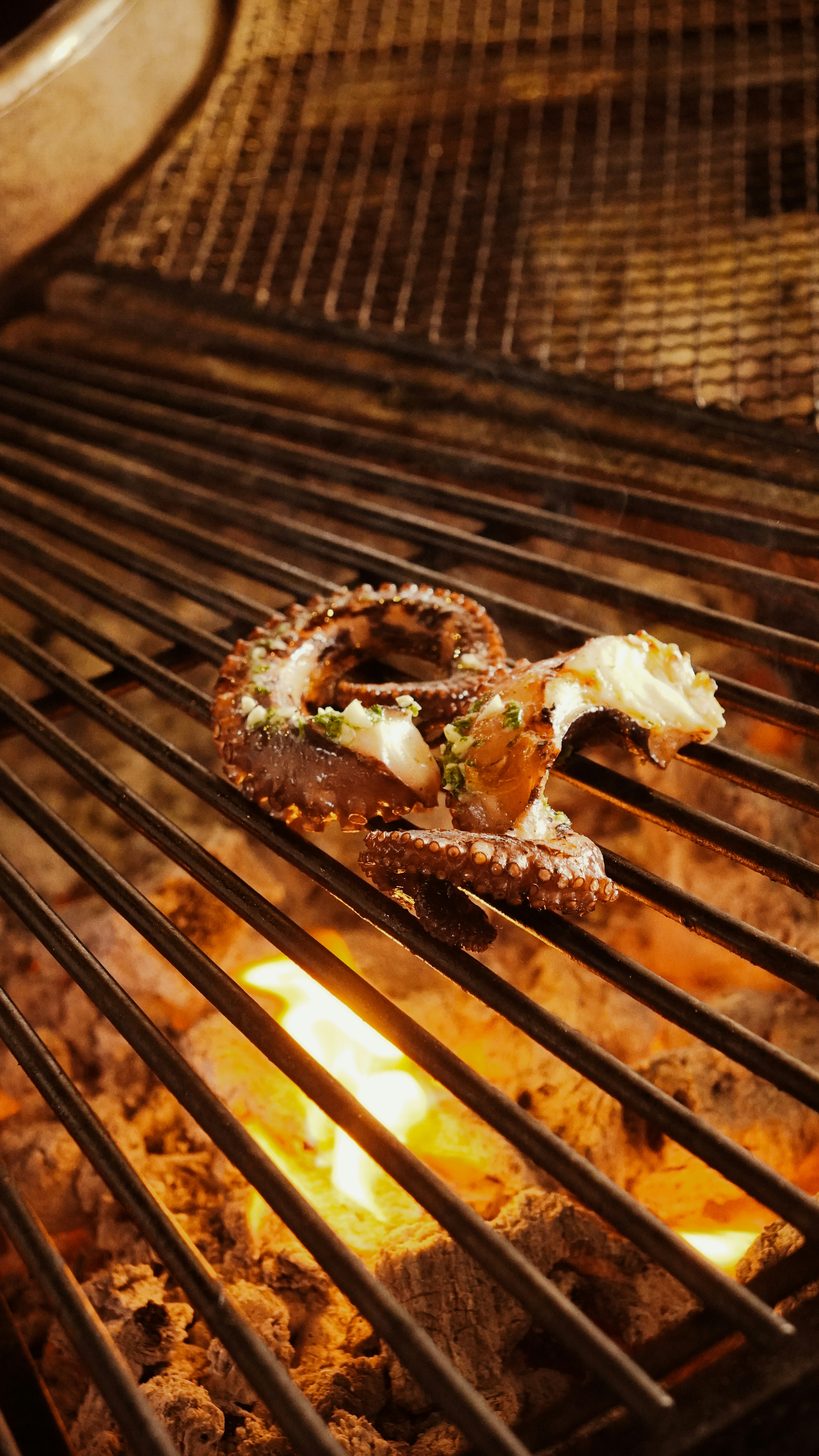 Octopus tentacles grilling over hot coals