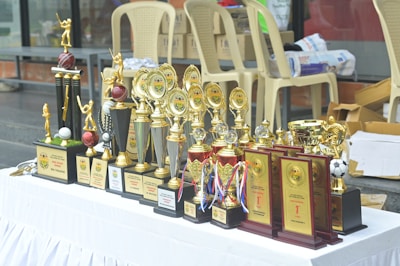 Collection of trophies and awards on a table