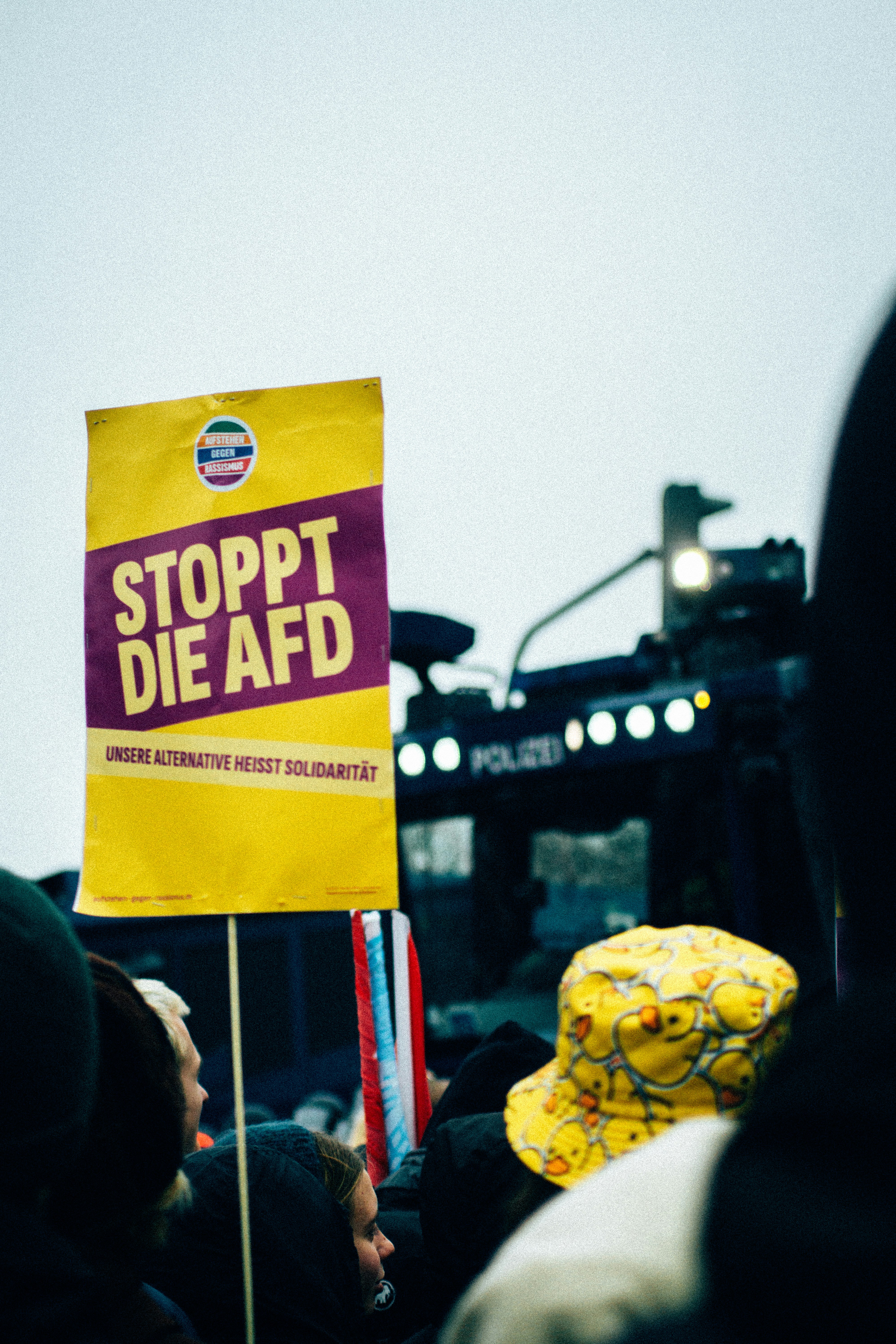 Demonstranten halten ein Schild mit der Aufschrift 'stoppt die afd' hoch