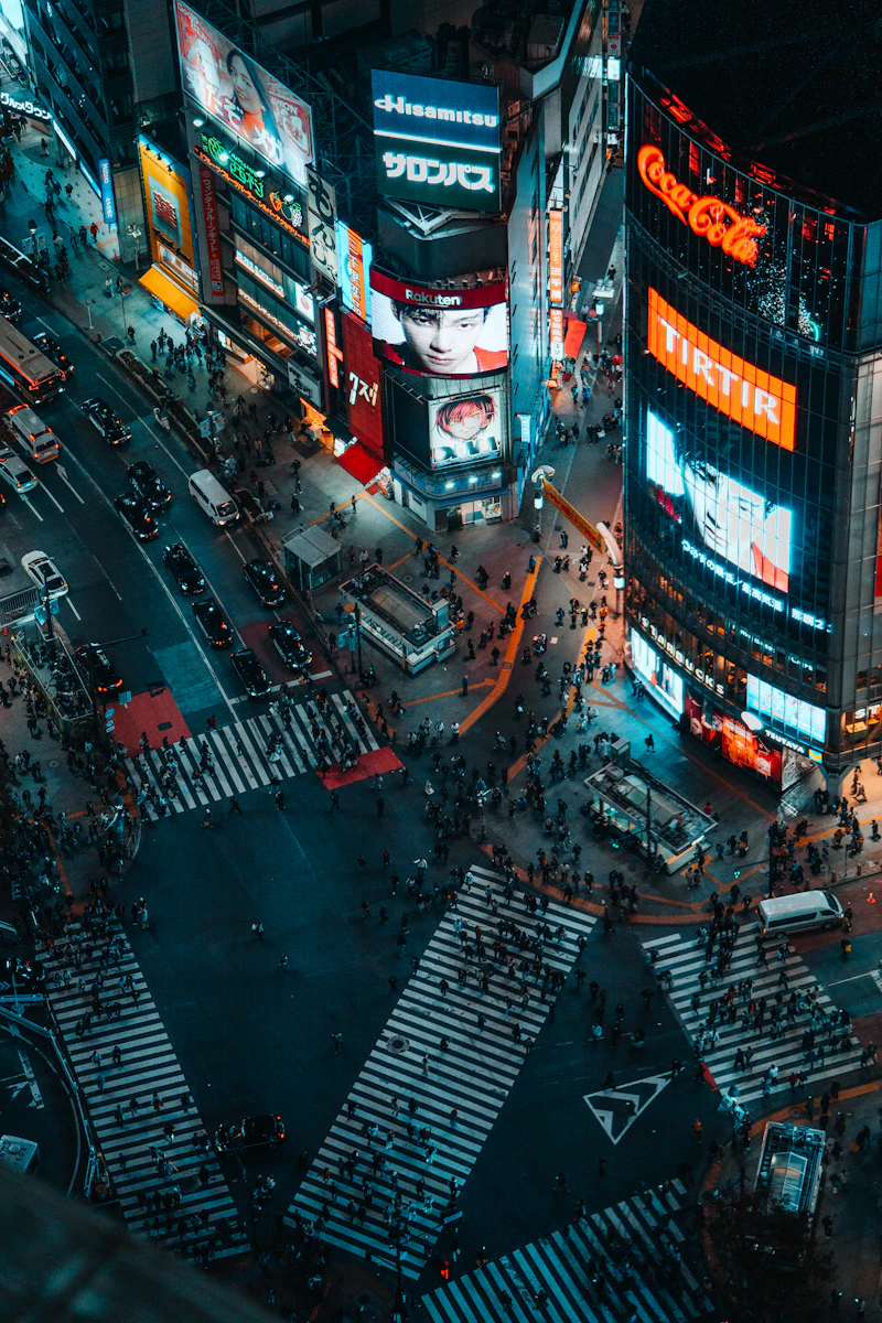 Shibuya Crossing in Tokyo lit up at night