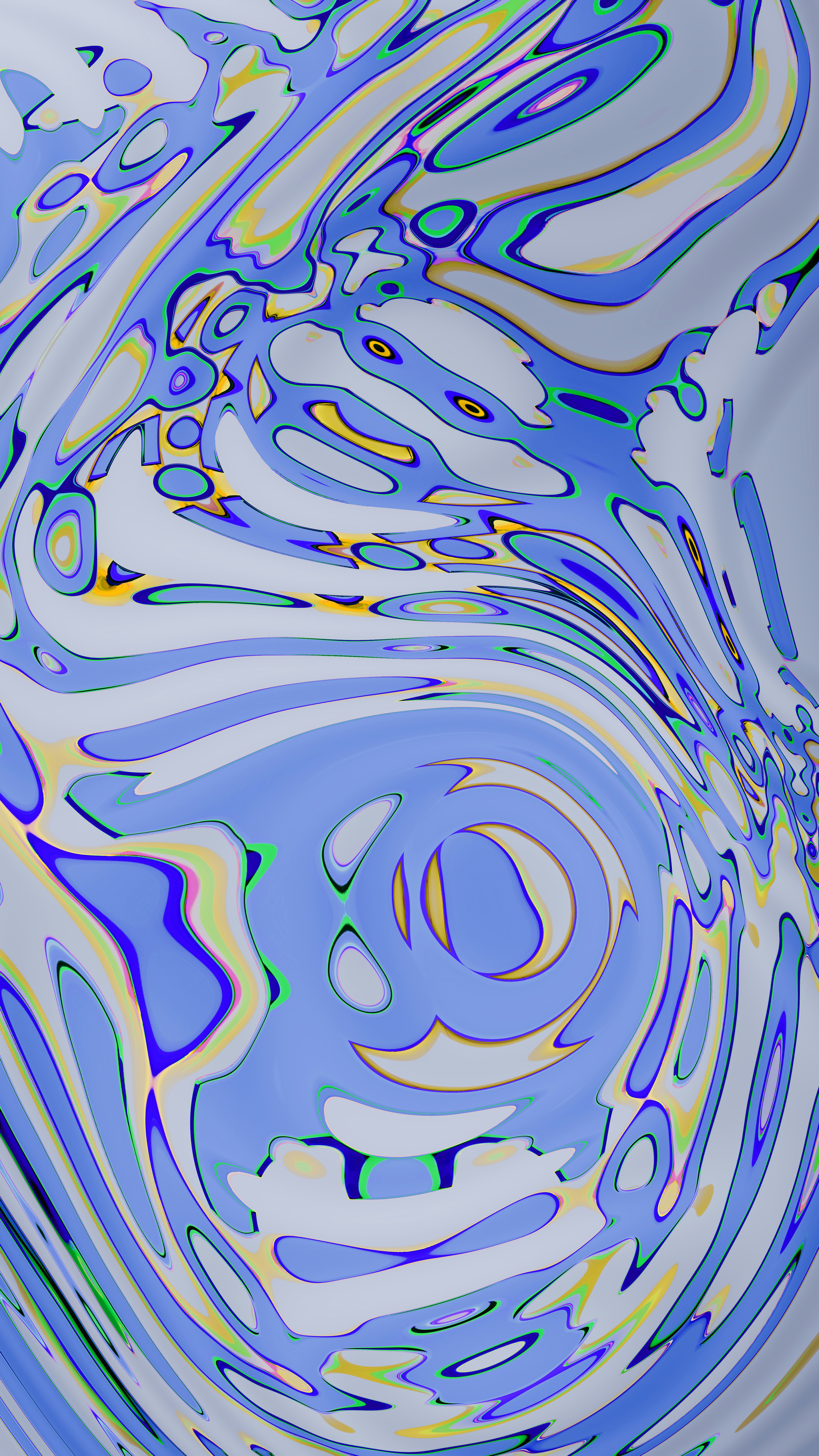 Abstract swirling blue and white pattern with yellow accents.