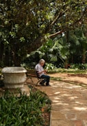 Elderly man sitting on park bench reading