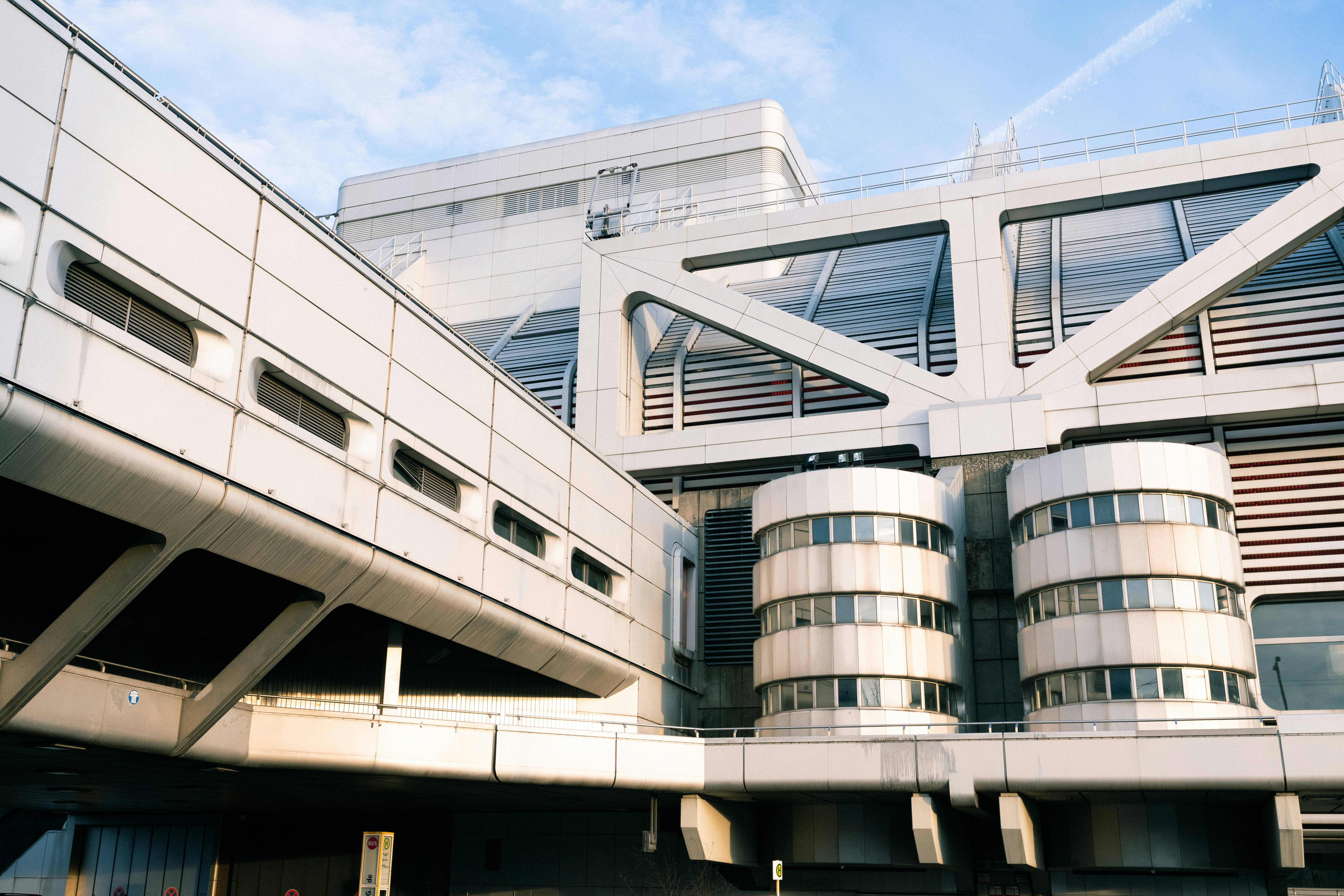 Modern brutalist architecture with geometric shapes