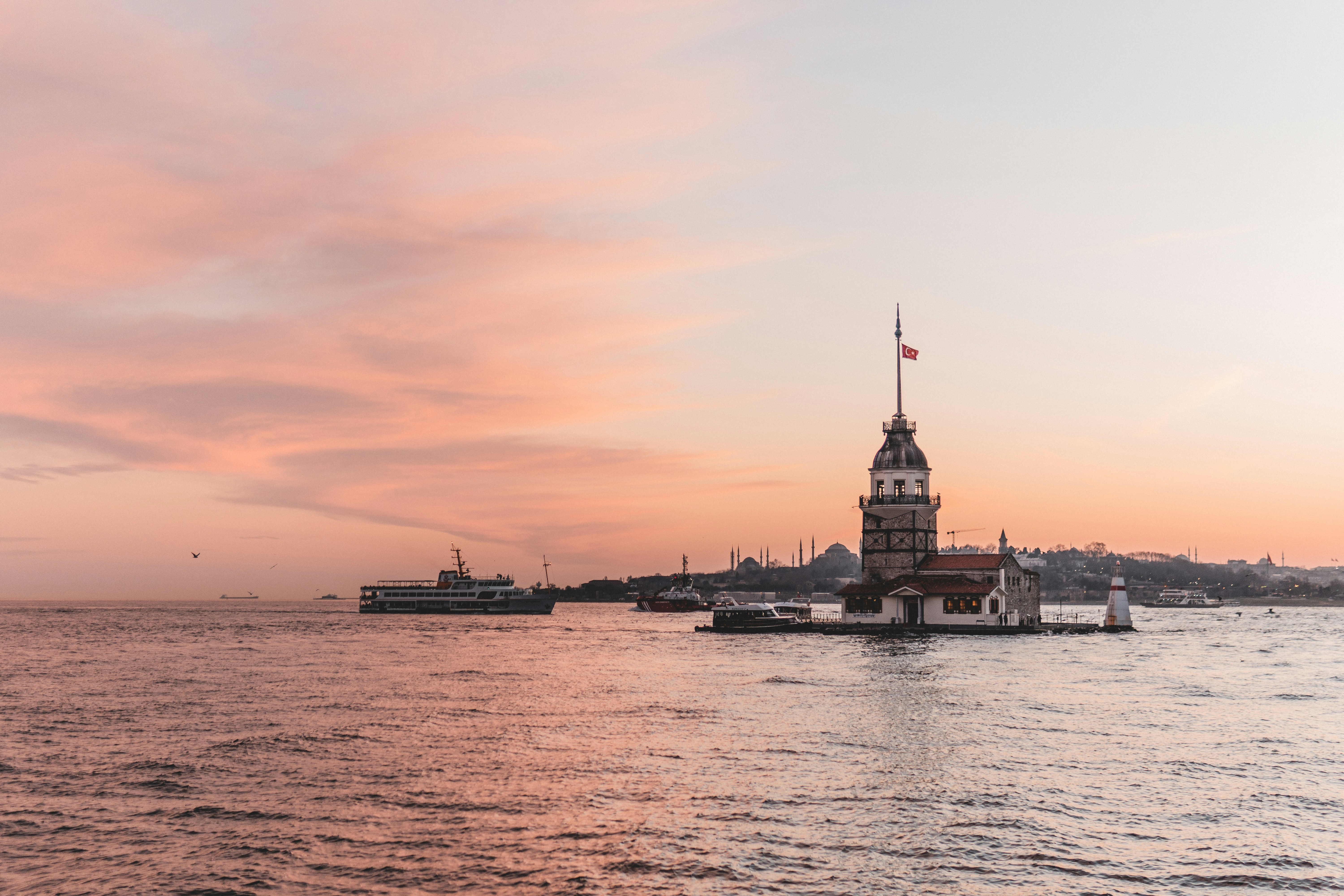 maiden's tower landmark in istanbul at sunset.