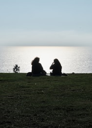 Two people sit on a grassy hill overlooking the ocean.