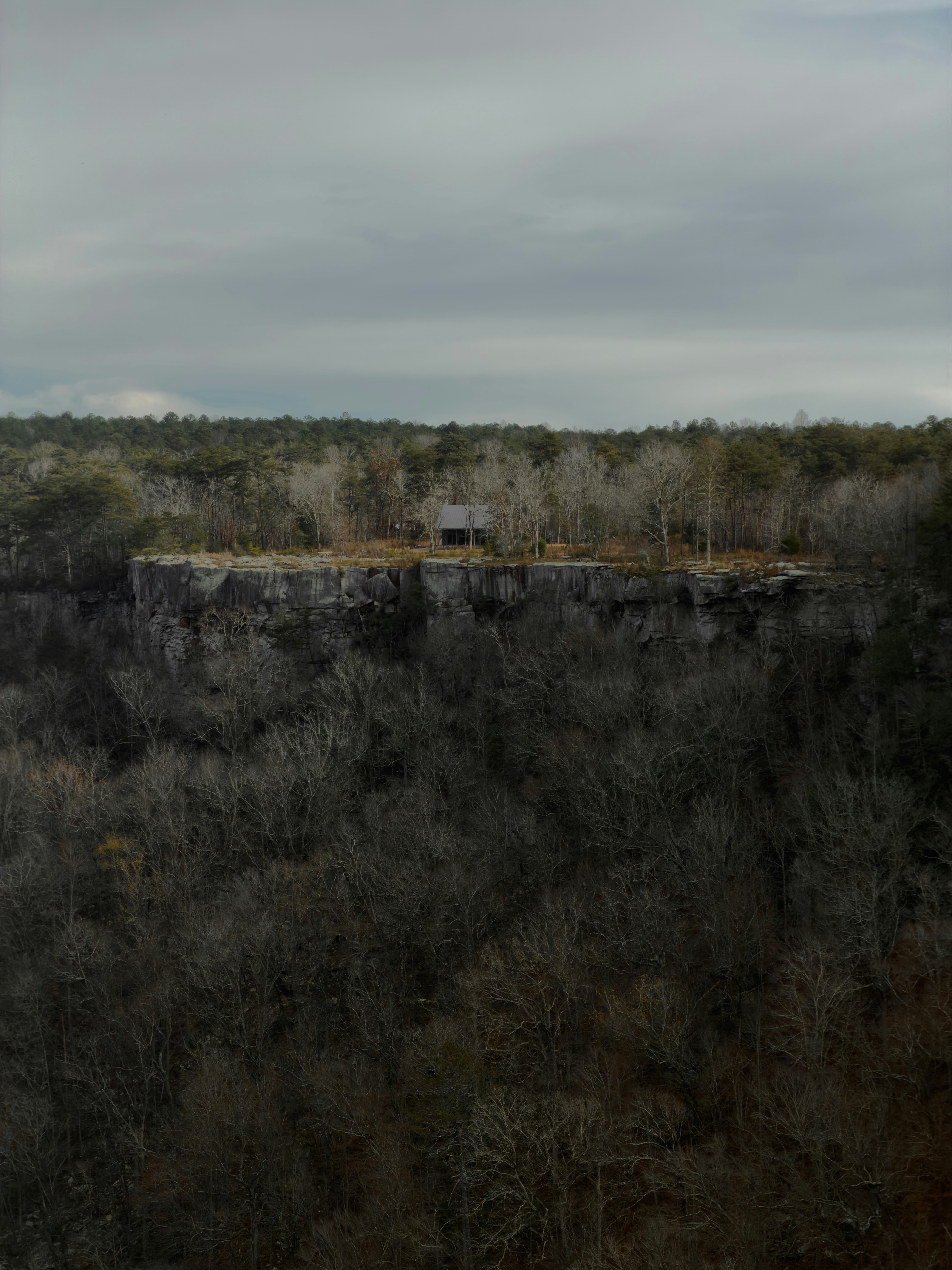 Small cabin on a cliff edge overlooking forest