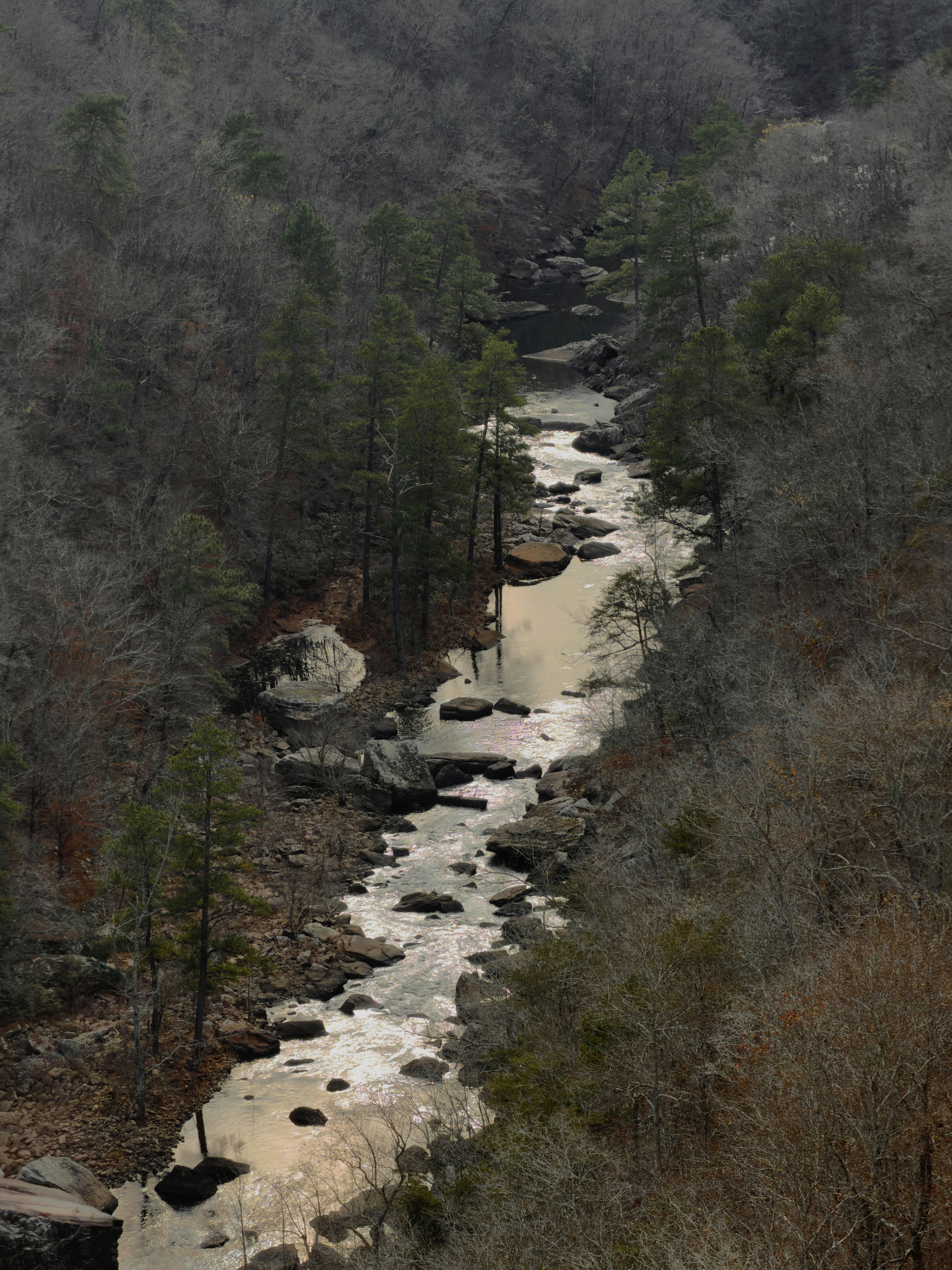 A winding river flows through a rocky, wooded gorge.