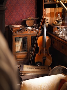 Violin and bow resting on antique desk with beethoven book.