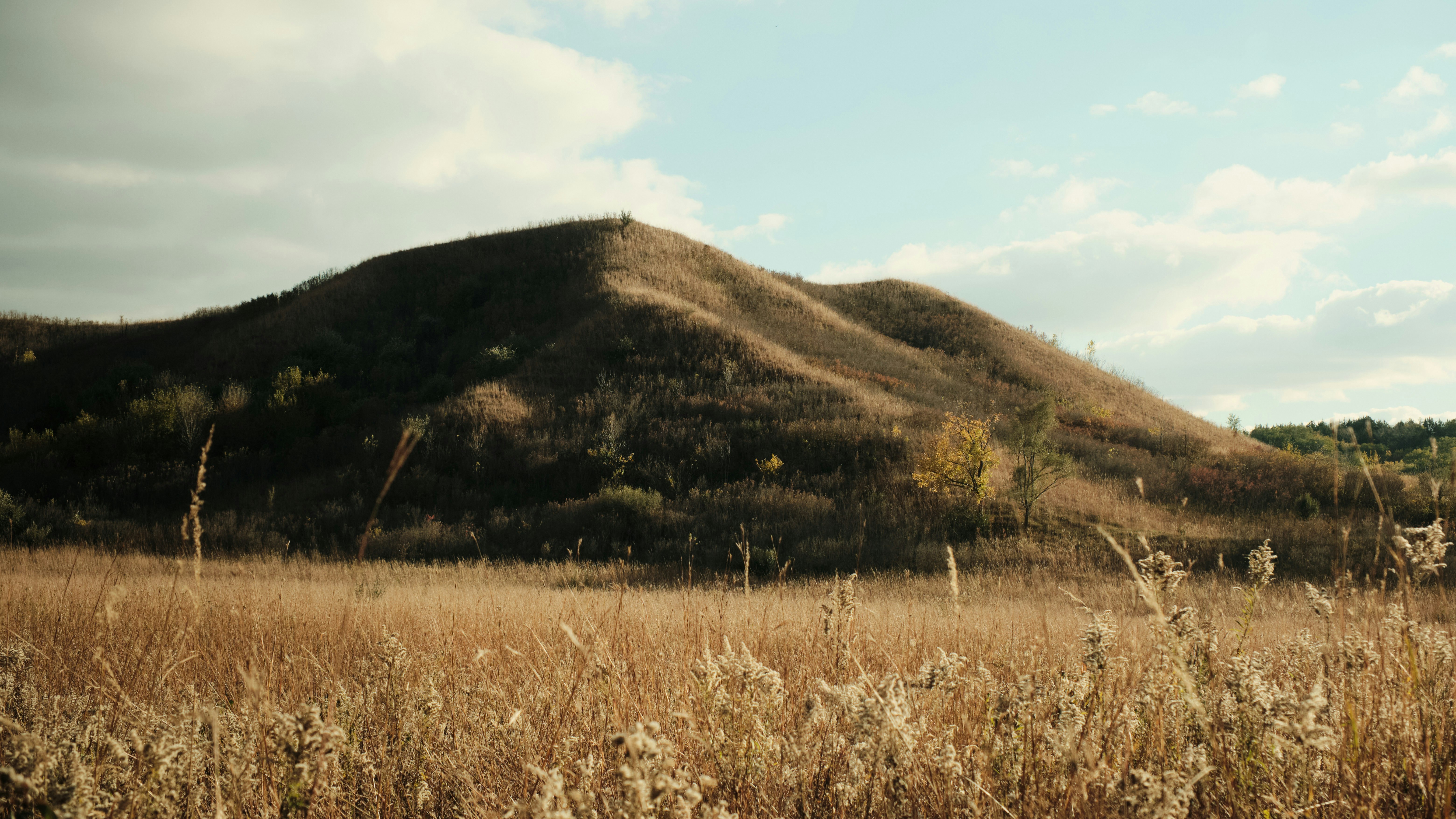 Rolling hills covered in dry grass under a cloudy sky