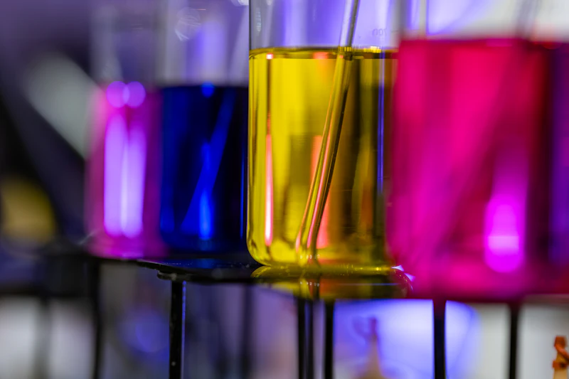 Lab glassware with colorful liquids