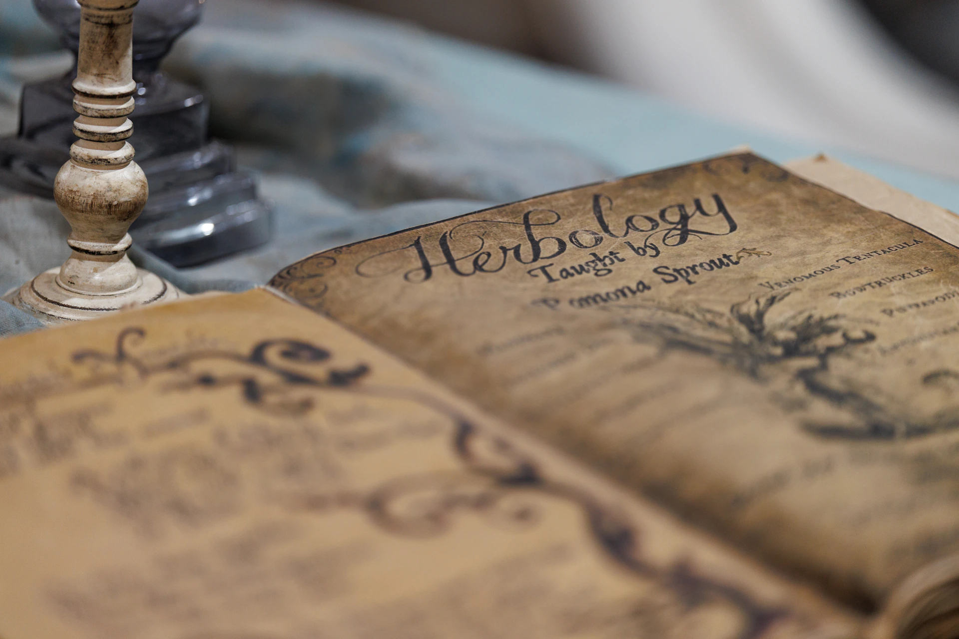 An old herbology book with ornate pages and detailed pages