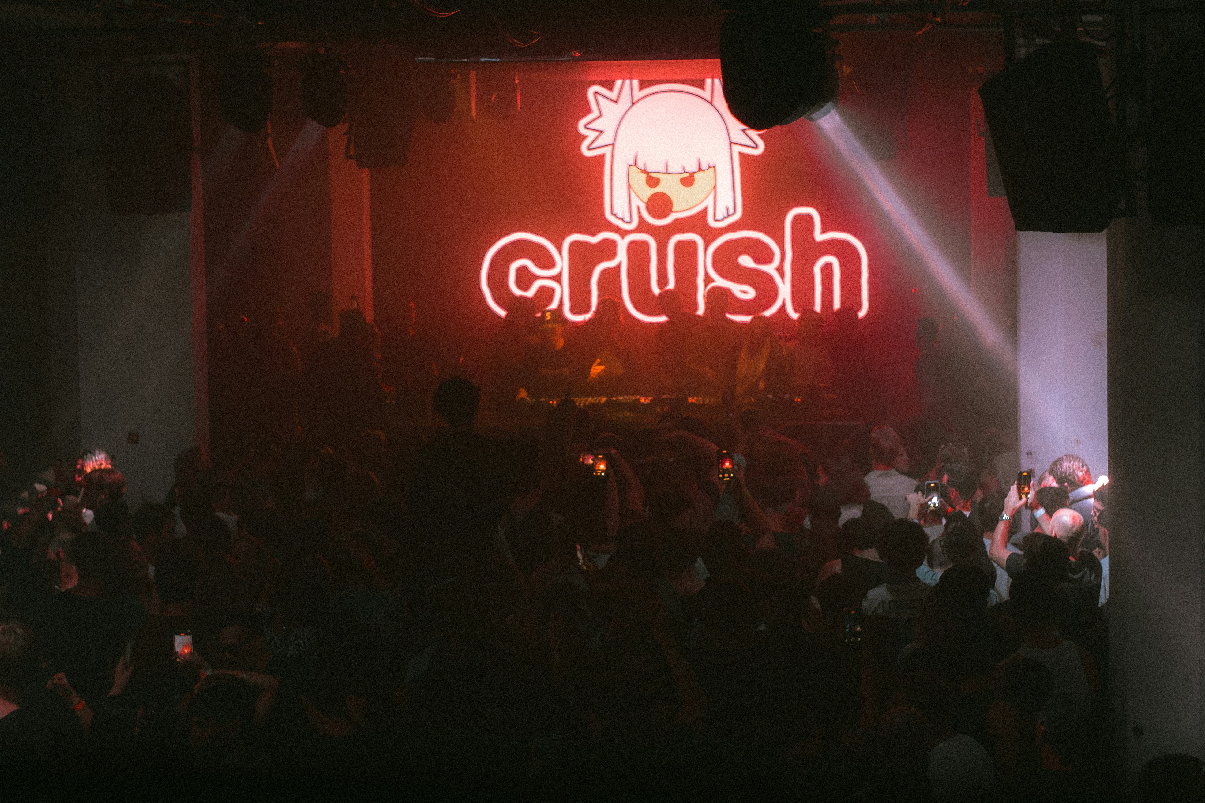 Publikum bei einem Konzert mit Neon-"Crush"-Schild.