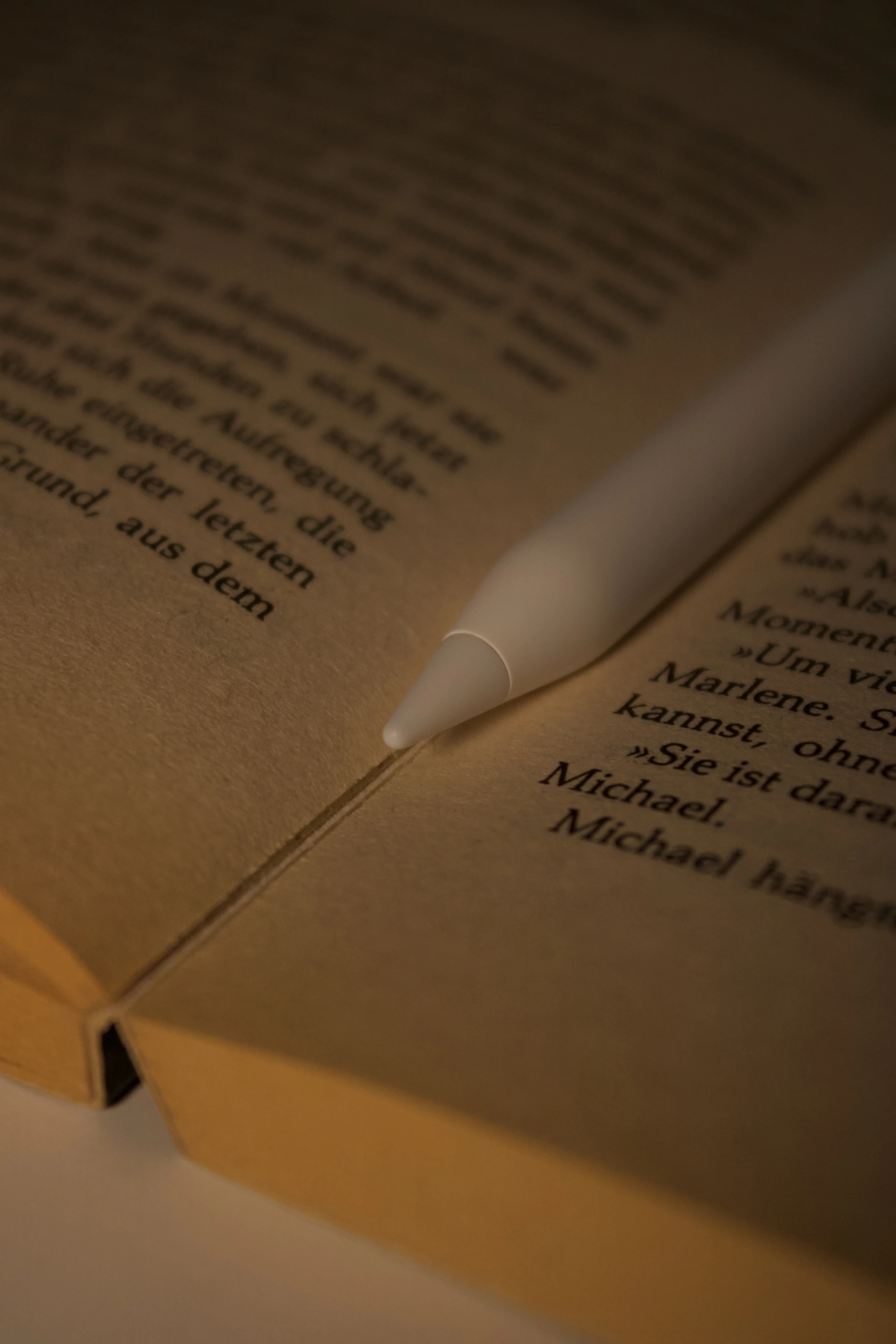 A white stylus rests on an open book.