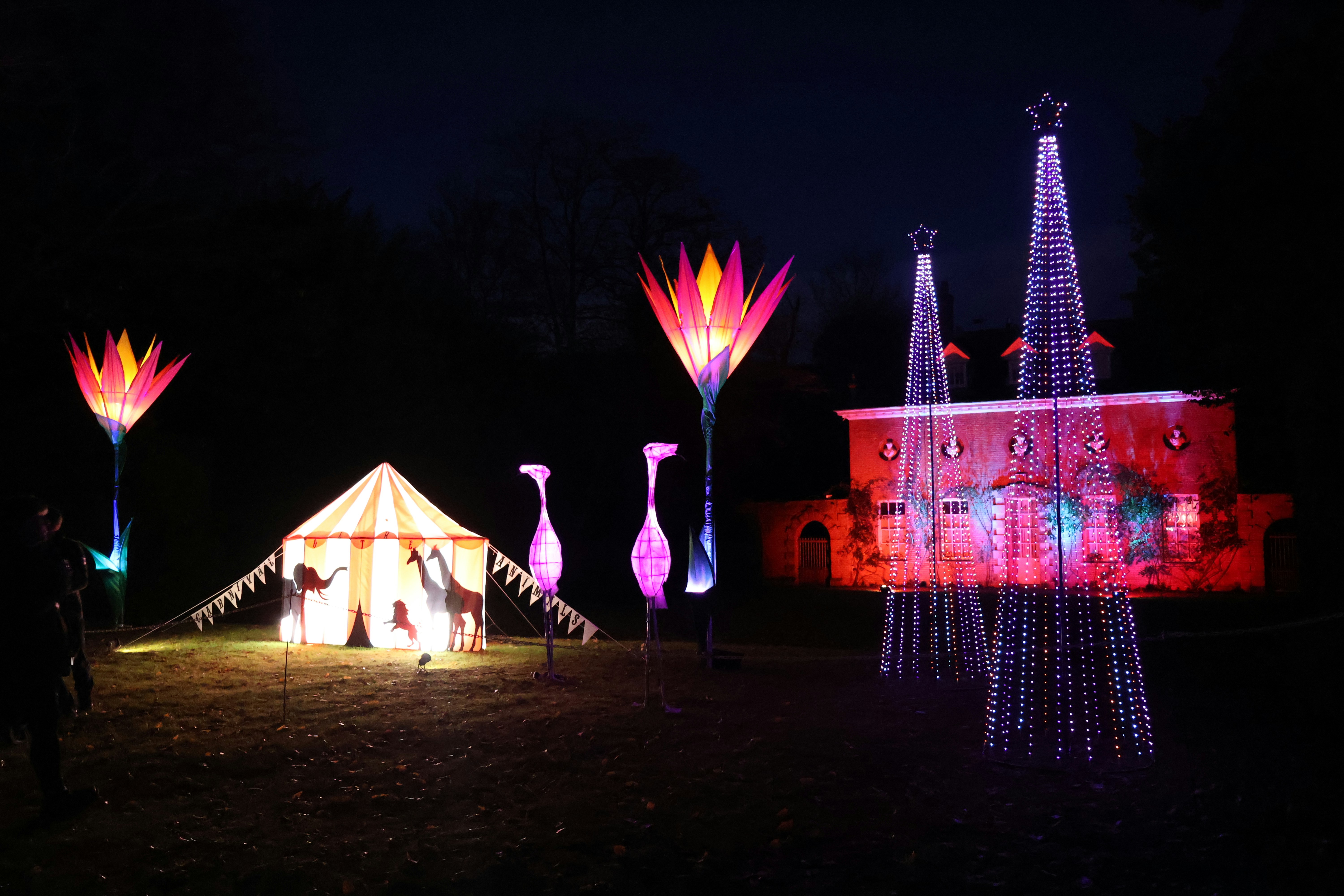 Nighttime display with illuminated circus tent and decorations