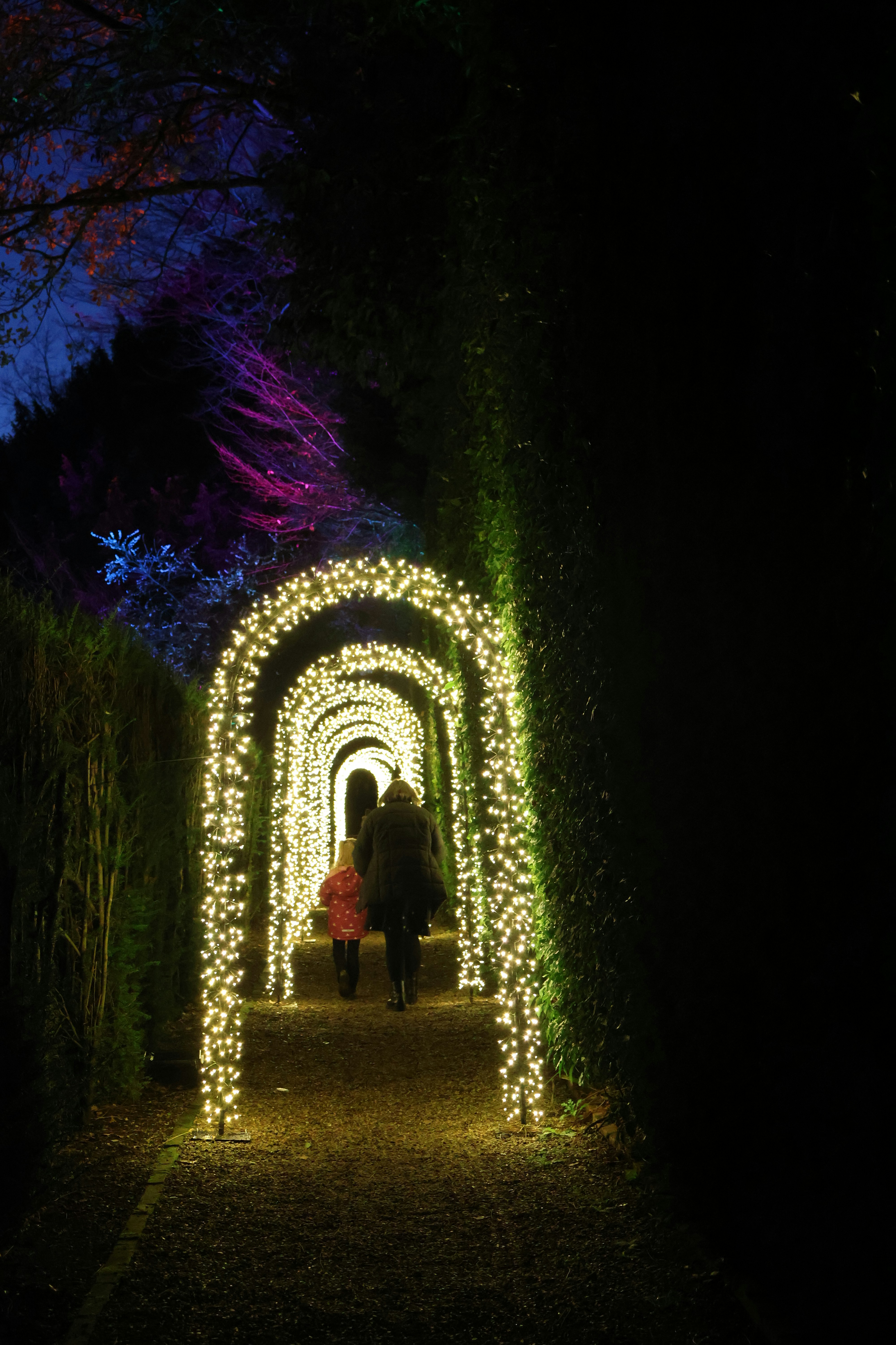 People walk through a glowing archway tunnel at night.