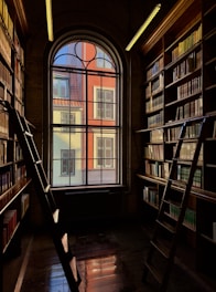 Old library with arched window and colorful buildings outside.
