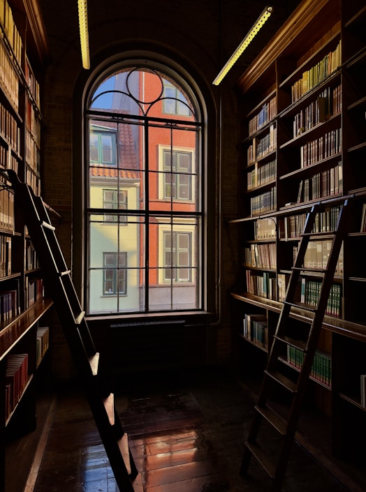 Old library with arched window and colorful buildings outside.