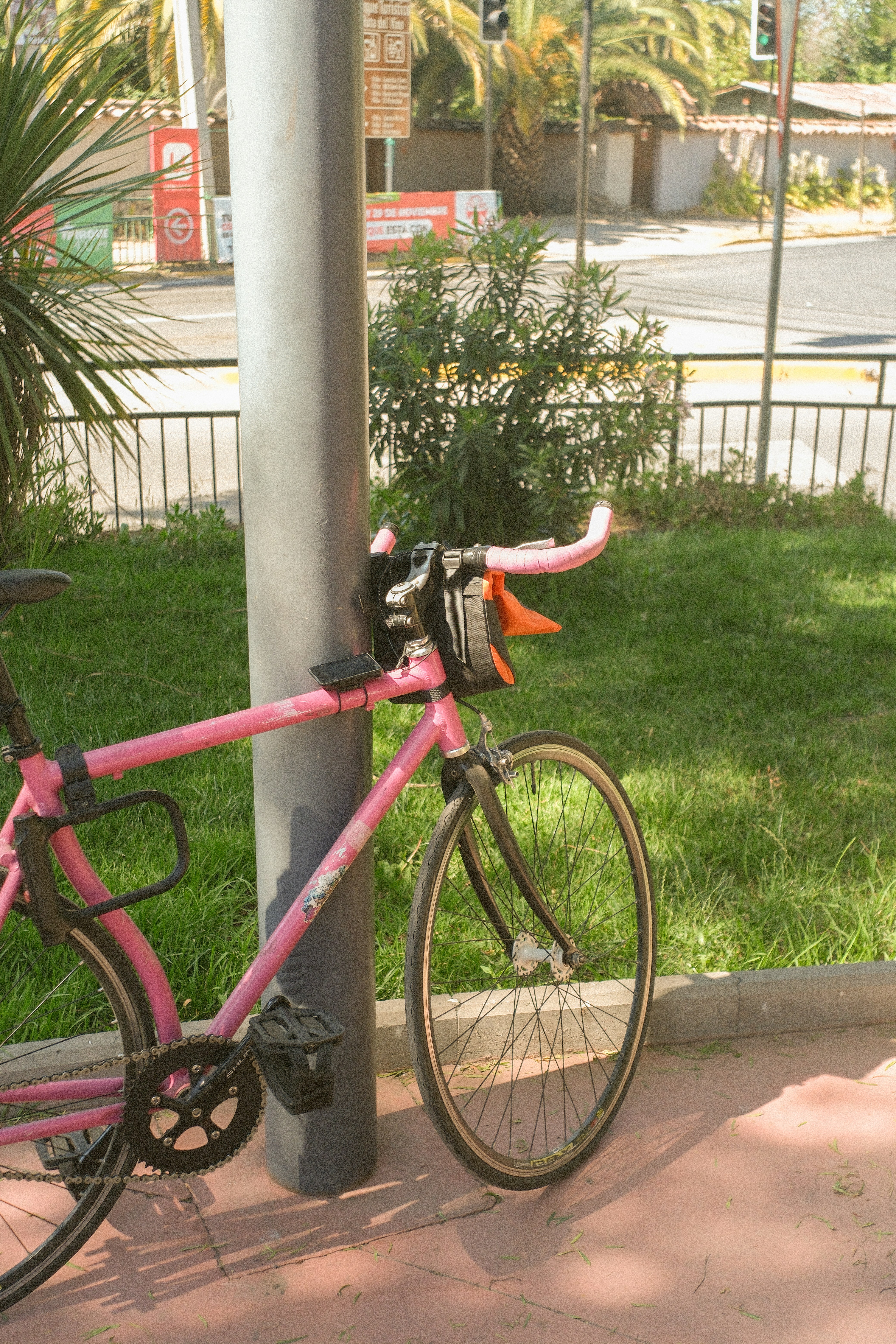 Pink bicycle leaning against a pole