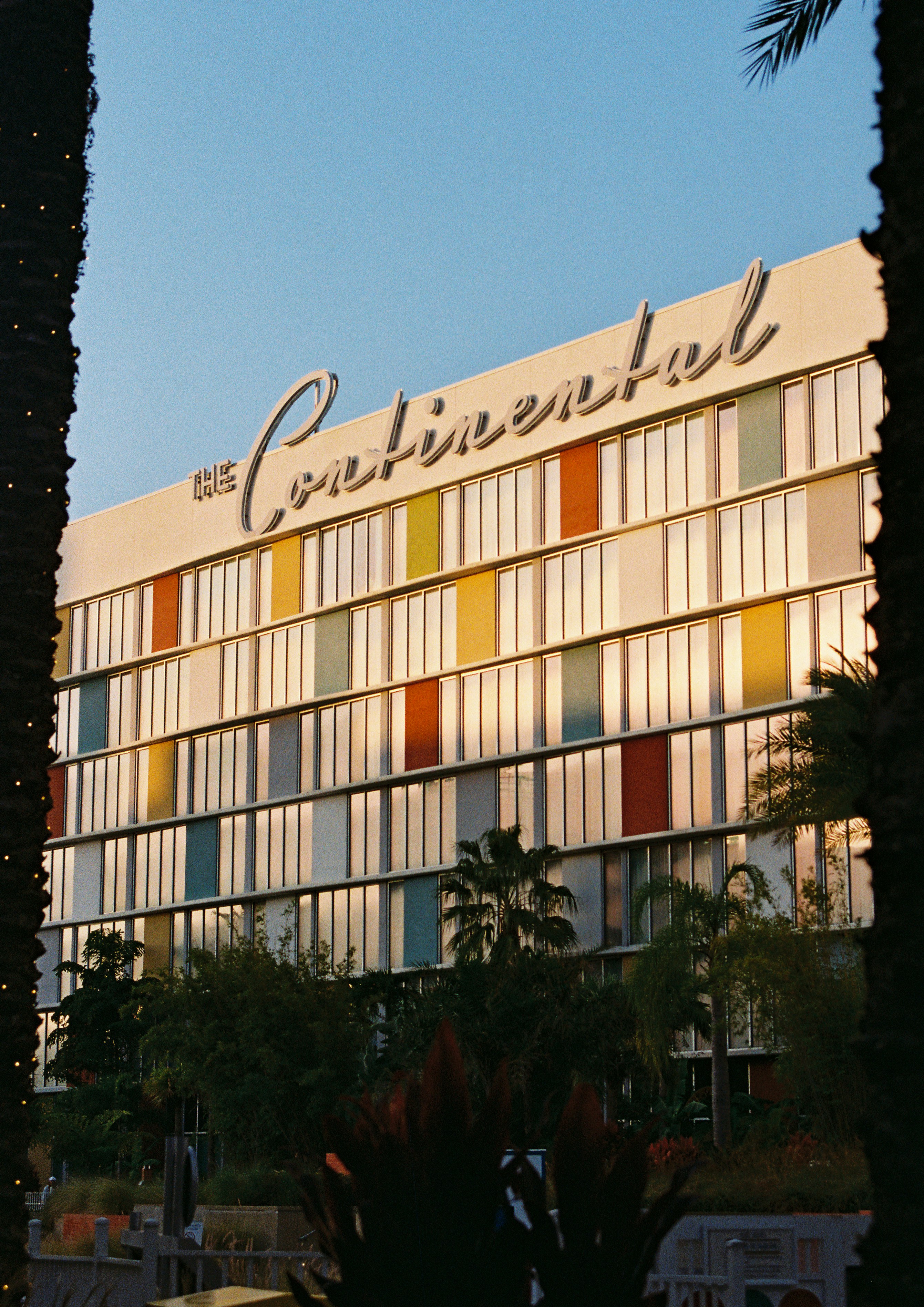 カラフルな窓とヤシの木がある大陸風ホテル。