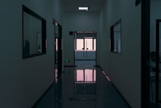 Dark, modern hallway with reflective floor and windows.