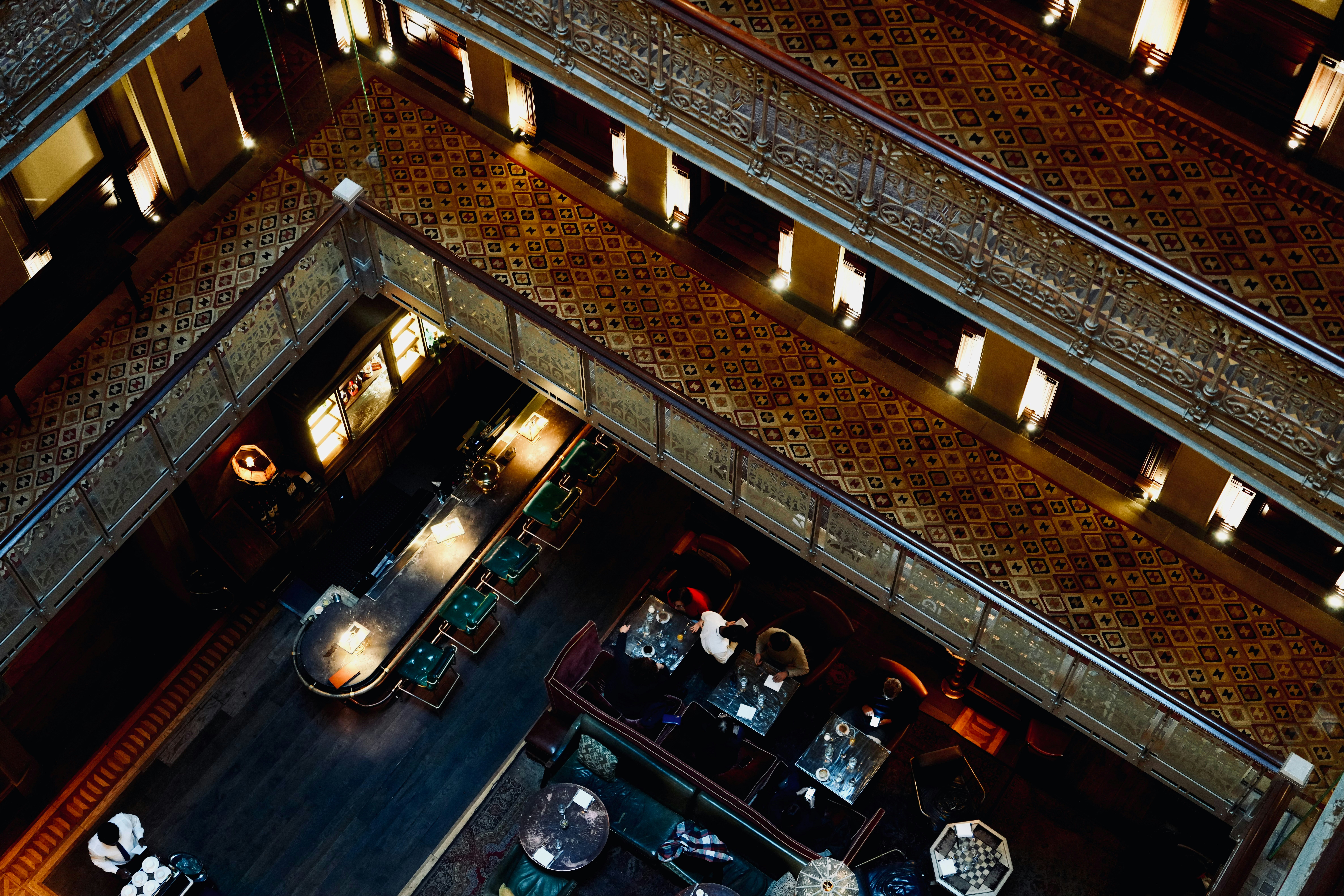 Interior view of a multi-story building with balconies.