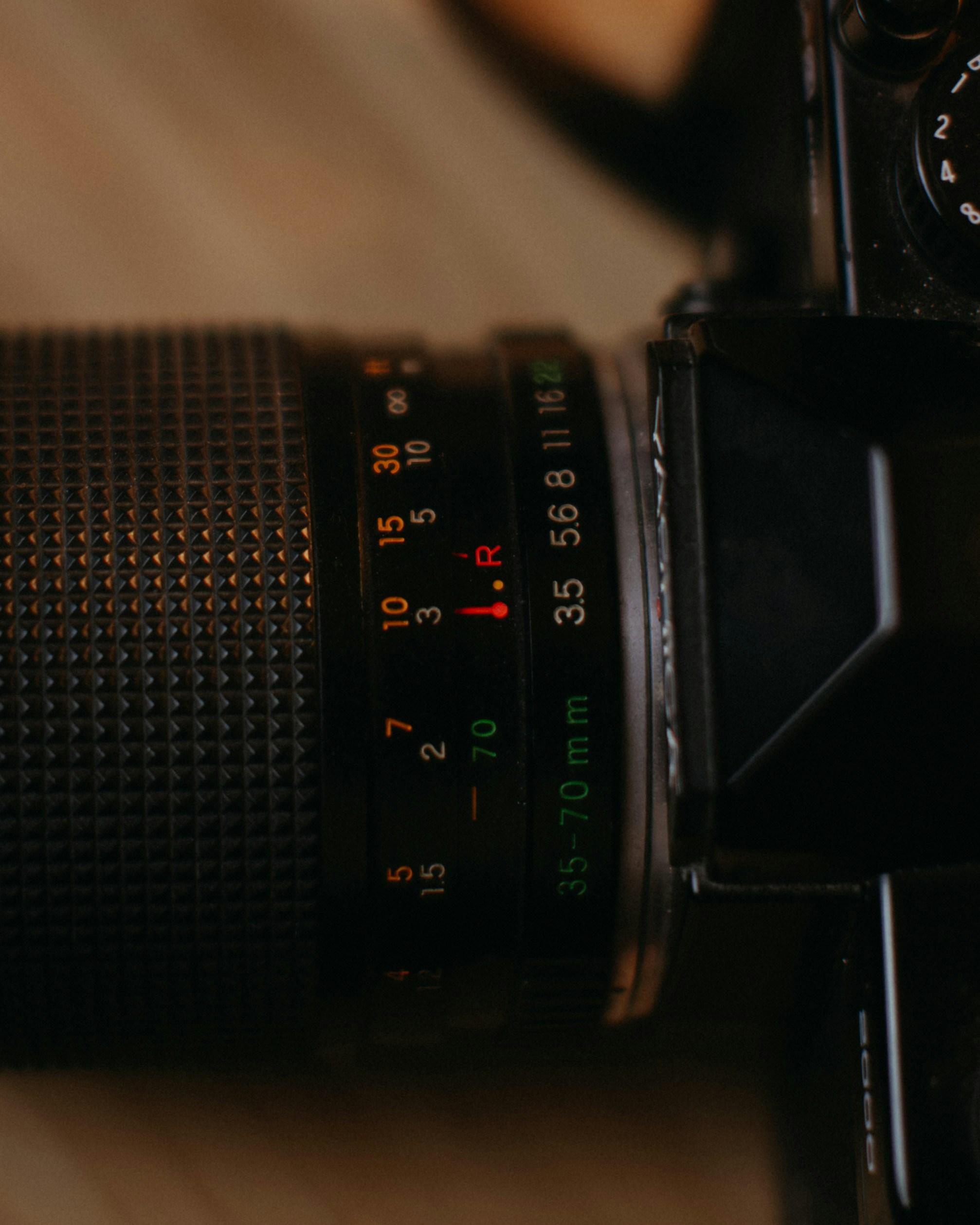 Close-up of a vintage camera lens with zoom lens details.