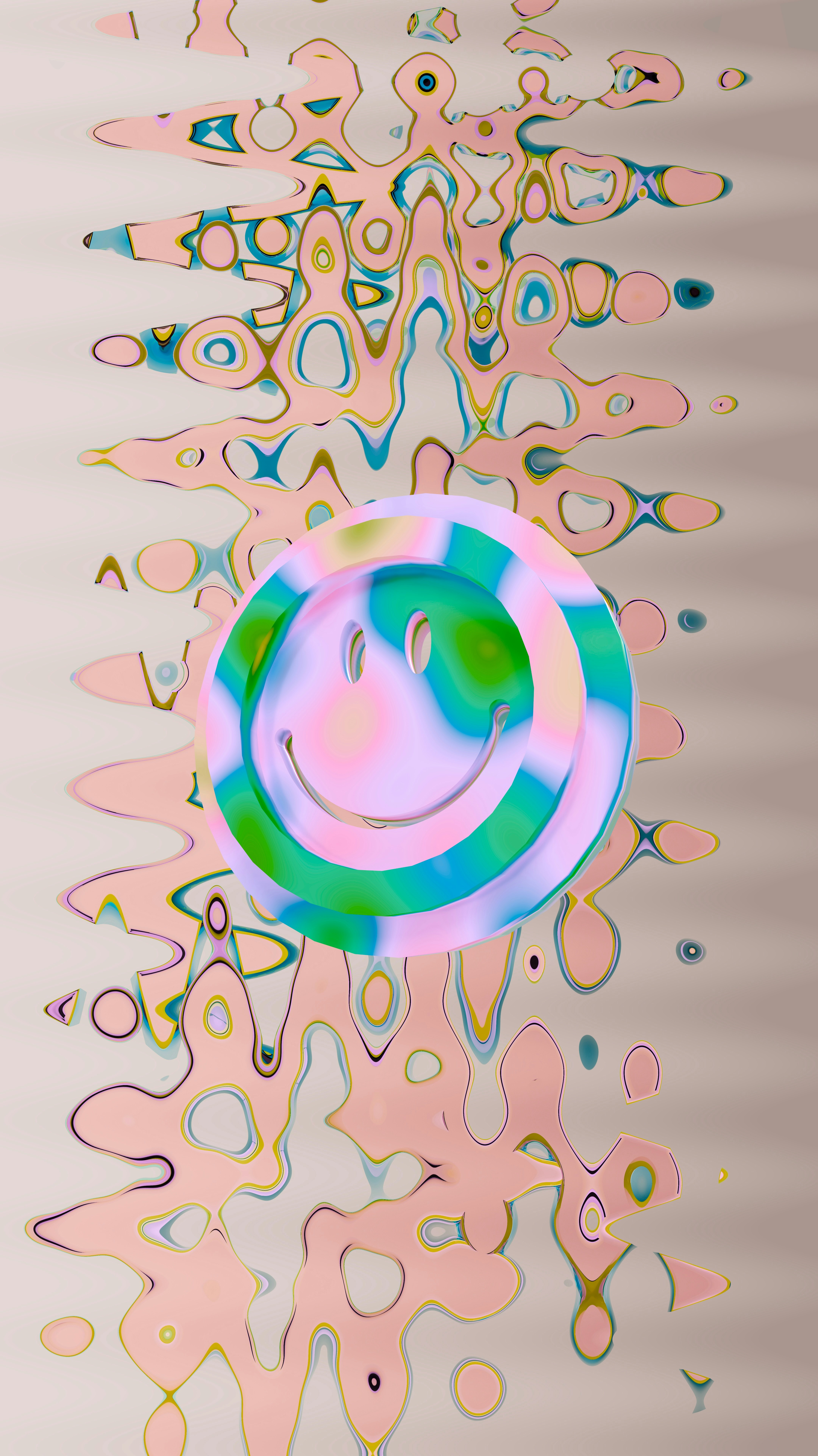 A colorful smiley face with wavy background patterns.