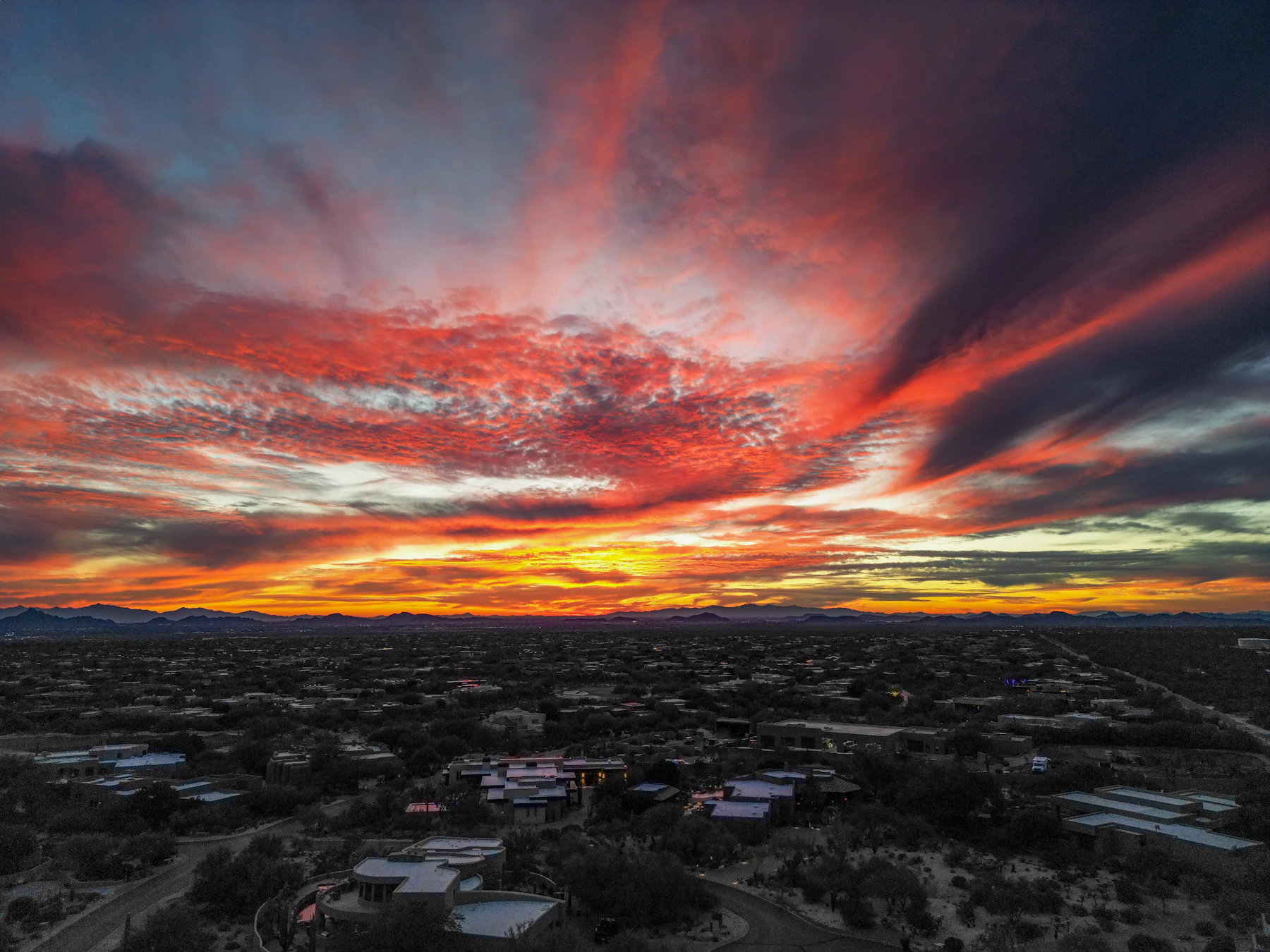 Aerial view of a Southern Utah desert town at sunset