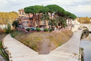 Island with buildings and trees beside a river bridge