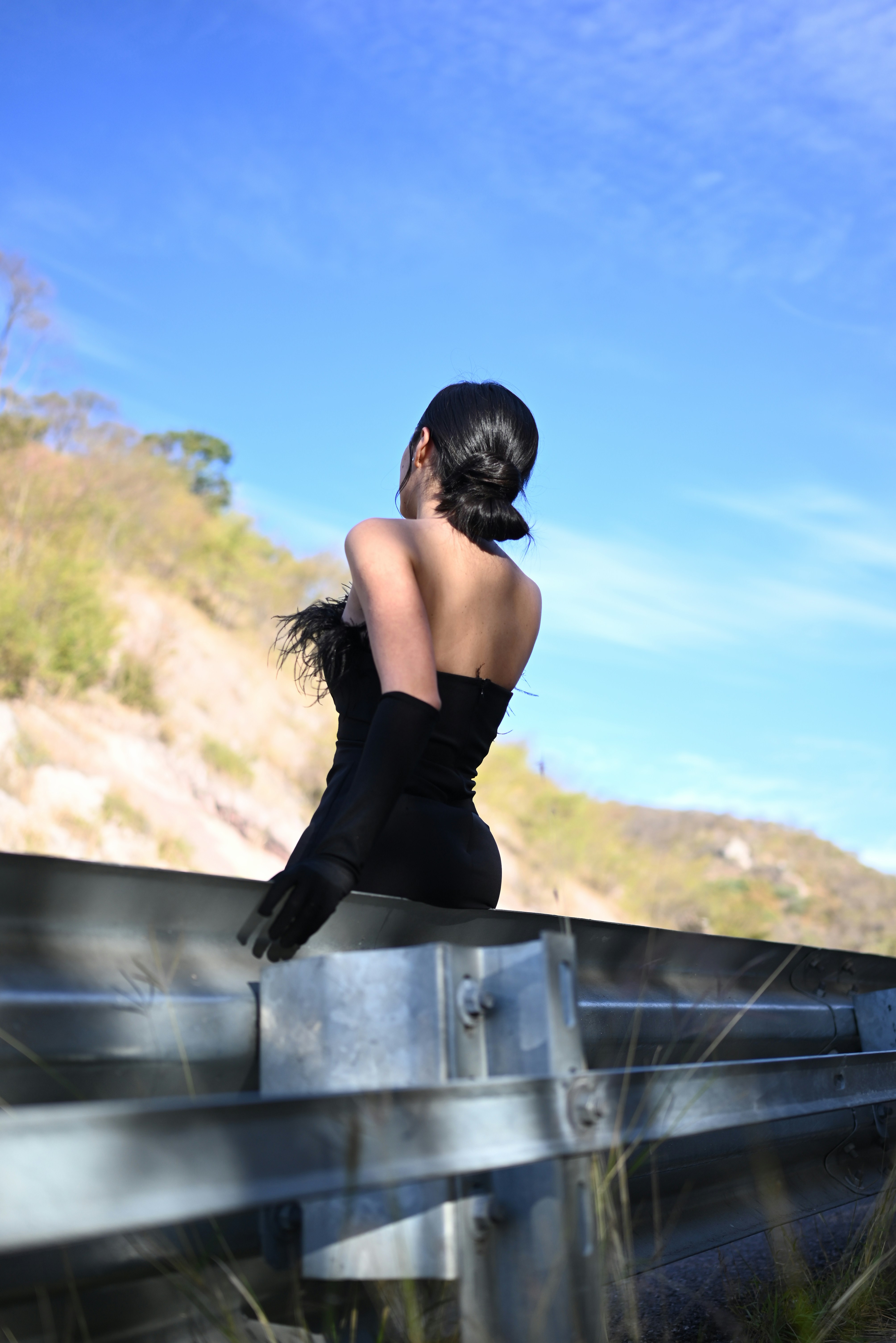 黒いドレスを着た女性が青空の下、ガードレールに座っている。