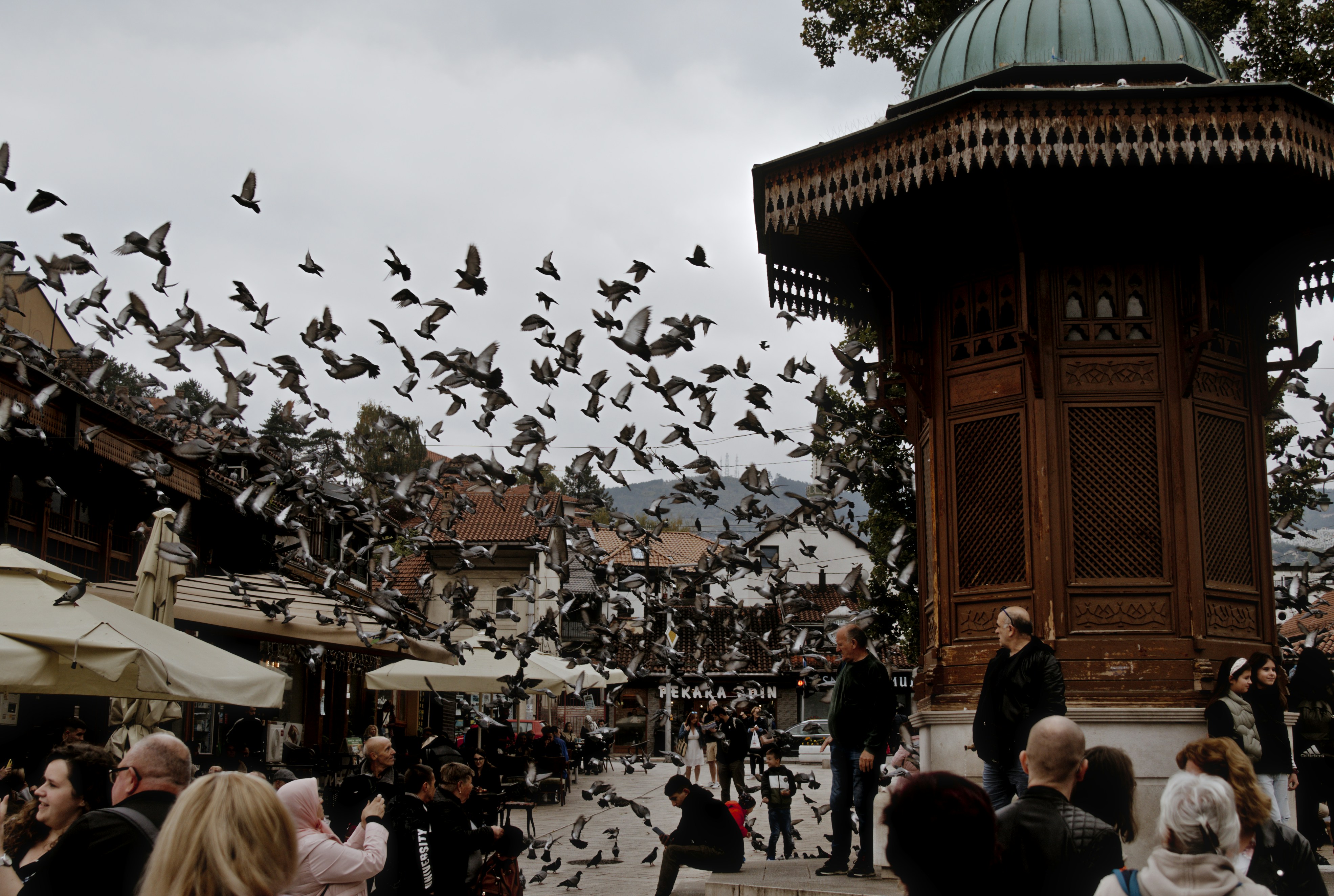 Pigeons fly around a fountain in a crowded square.