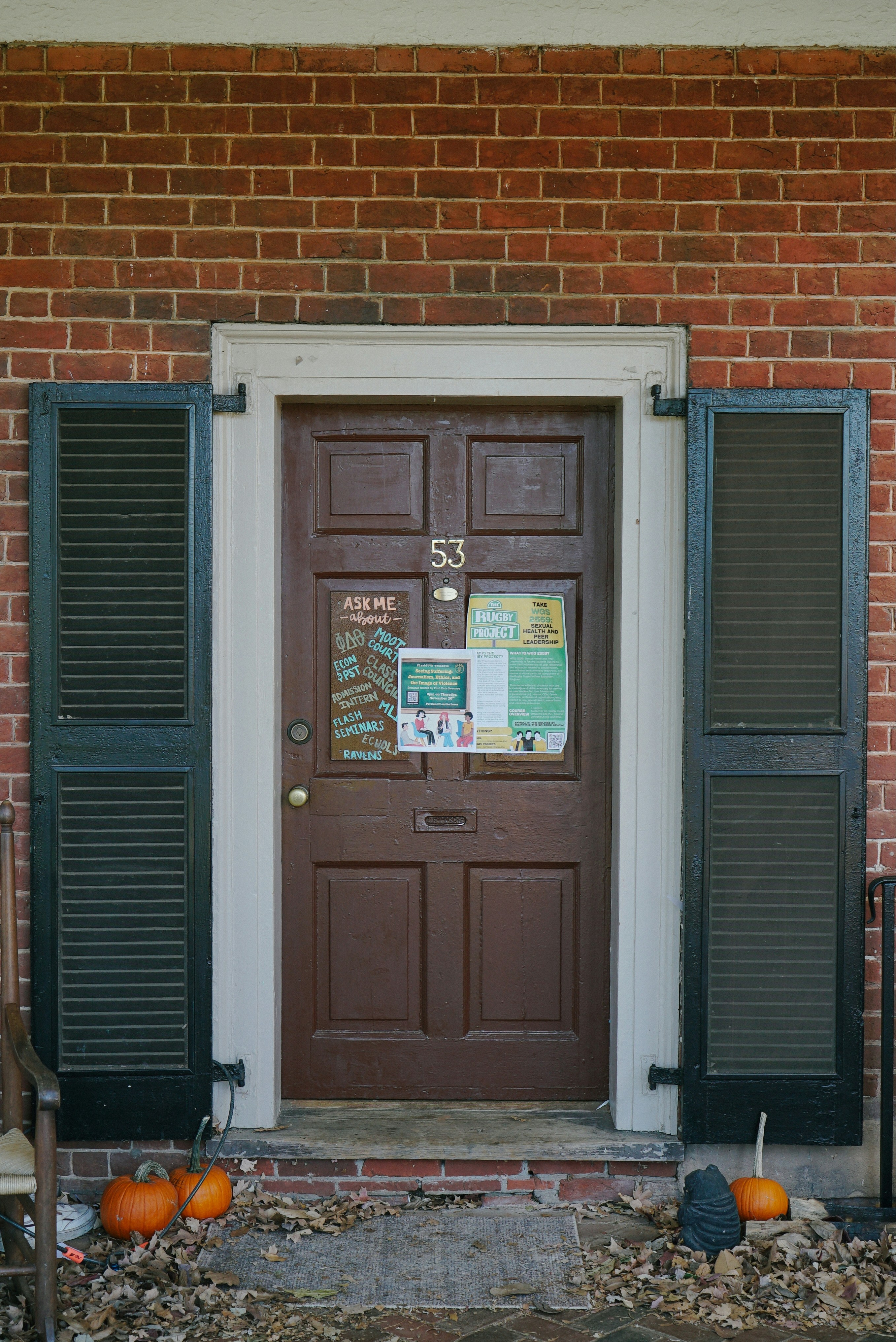 Brown wooden door with dark green shutters and pumpkins.